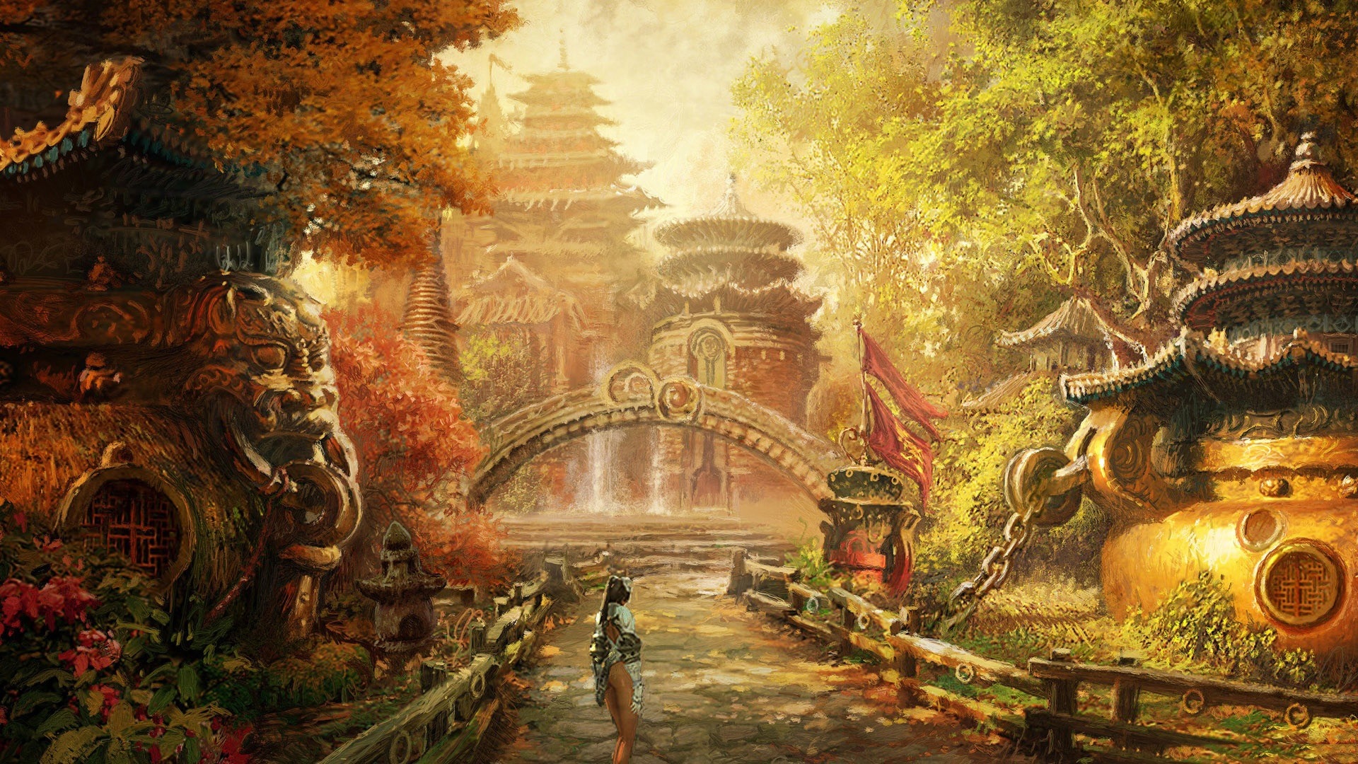 Fantasy landscape with Asian architecture and a person HD Wallpaper