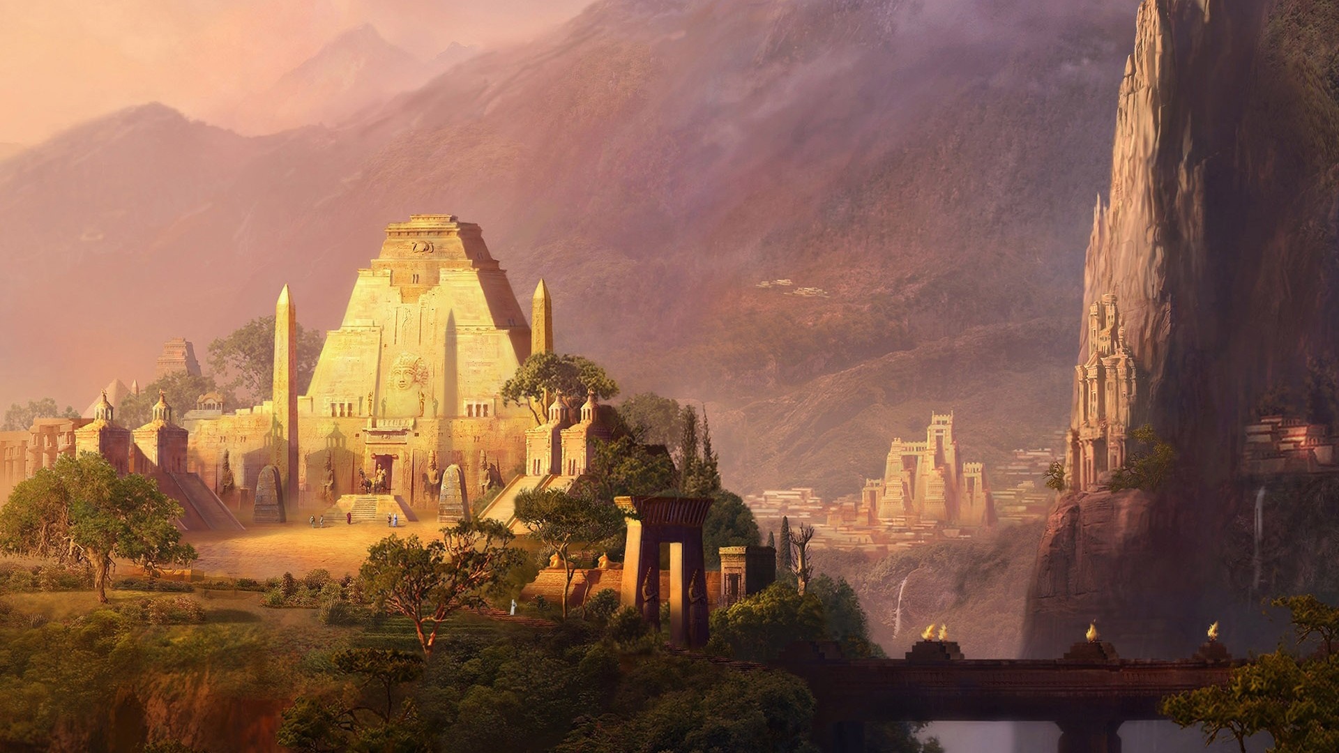 Fantasy city with pyramids and mountains at sunrise HD Wallpaper