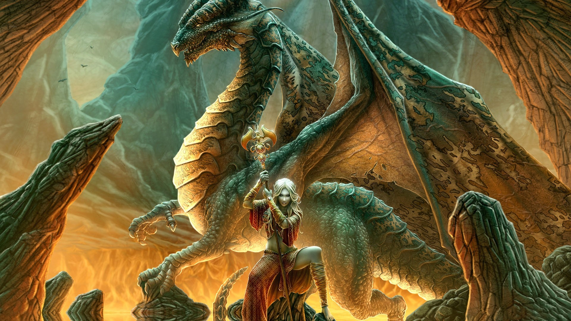 Dragon and woman with staff in cave HD Wallpaper