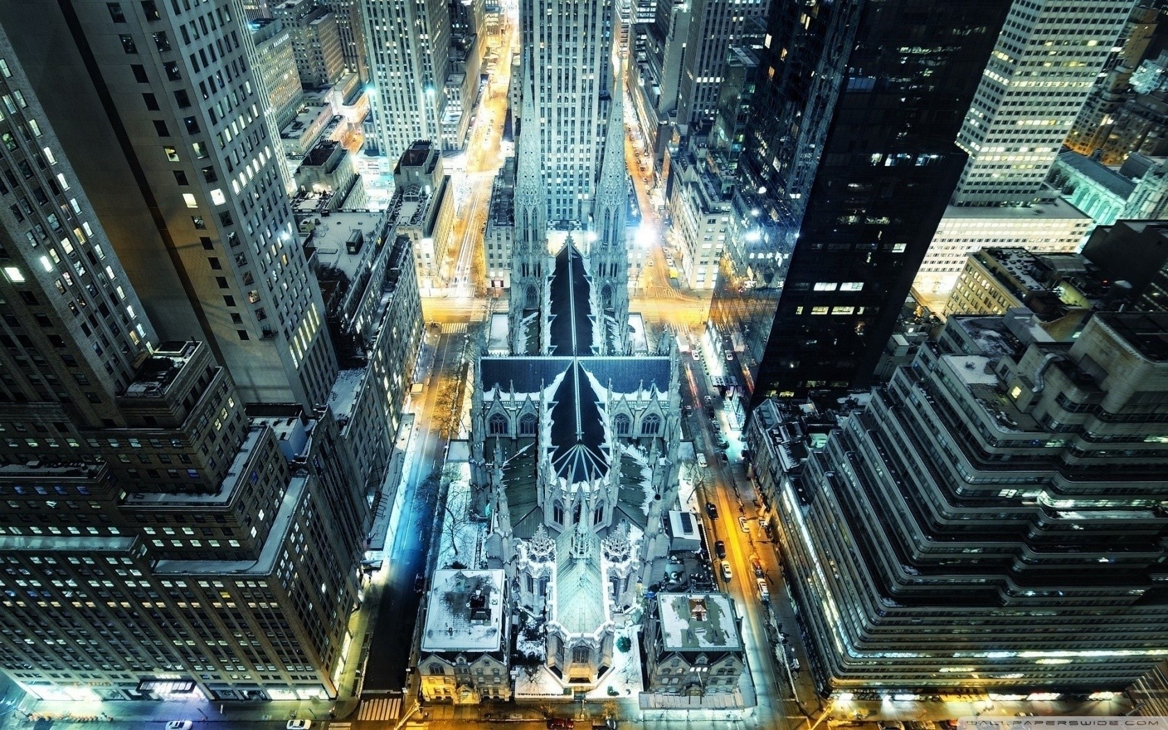 Aerial view of St. Patrick's Cathedral in New York City at night HD Wallpaper