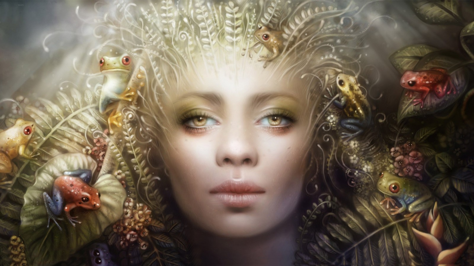 Fantasy art of a woman with frogs in her hair HD Wallpaper
