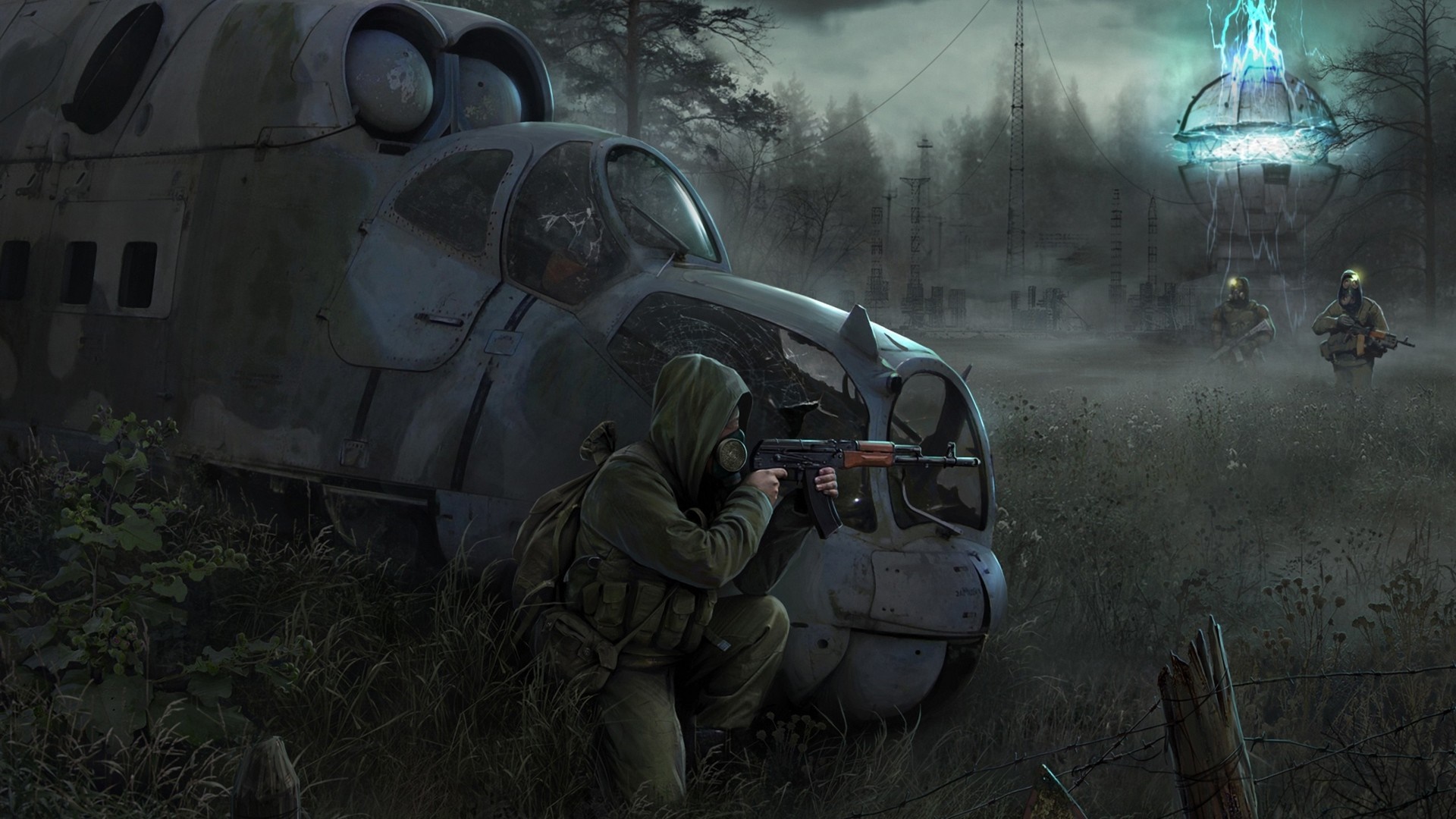 Soldiers in a post-apocalyptic landscape with a crashed helicopter HD Wallpaper