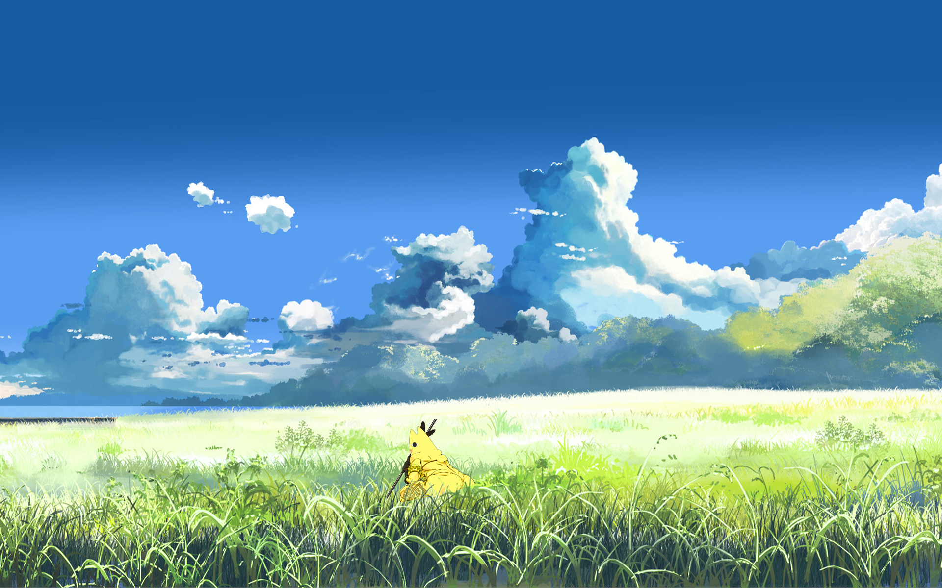 Pikachu in a grassy field with clouds HD Wallpaper