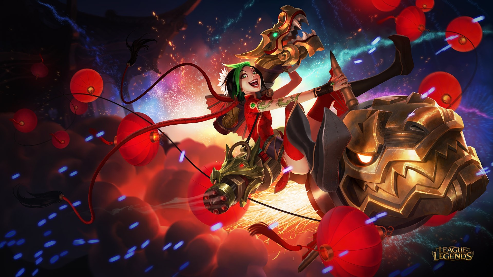 Jinx from League of Legends riding a mechanical dragon HD Wallpaper