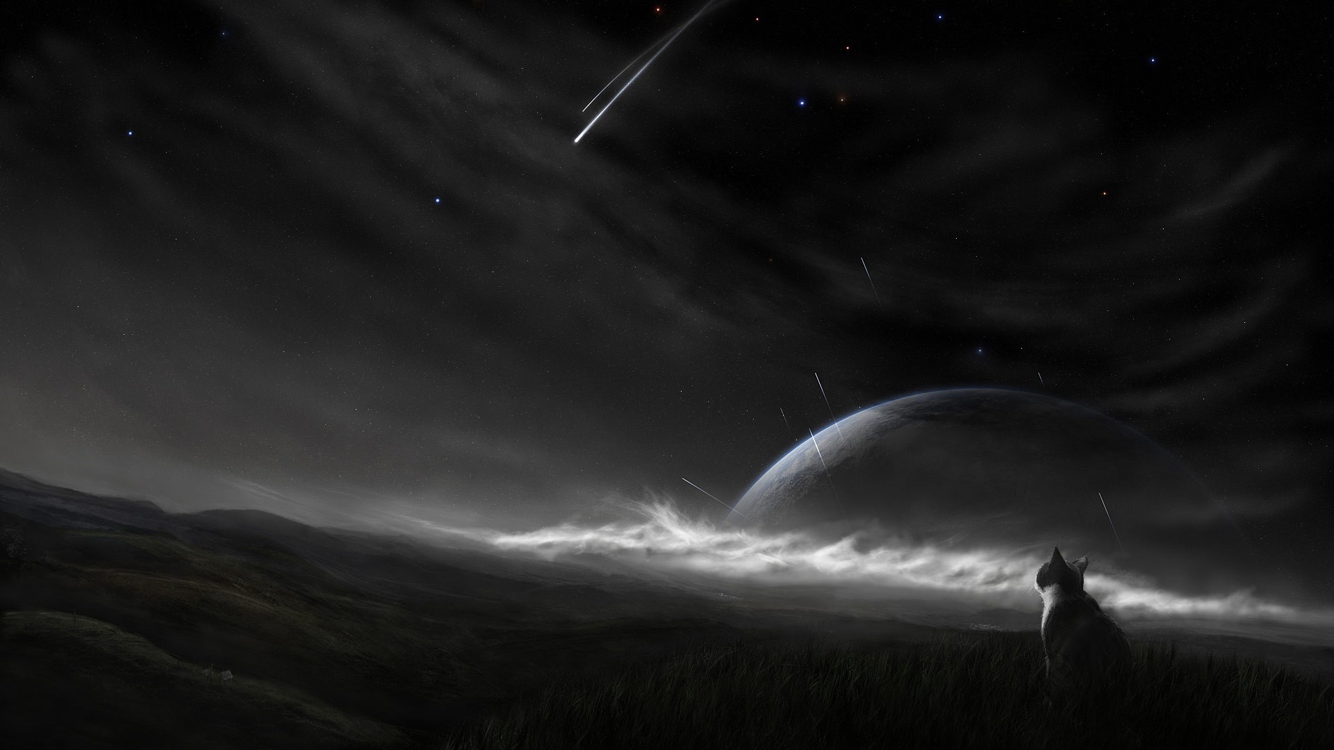 Cat watching a planet and shooting stars HD Wallpaper