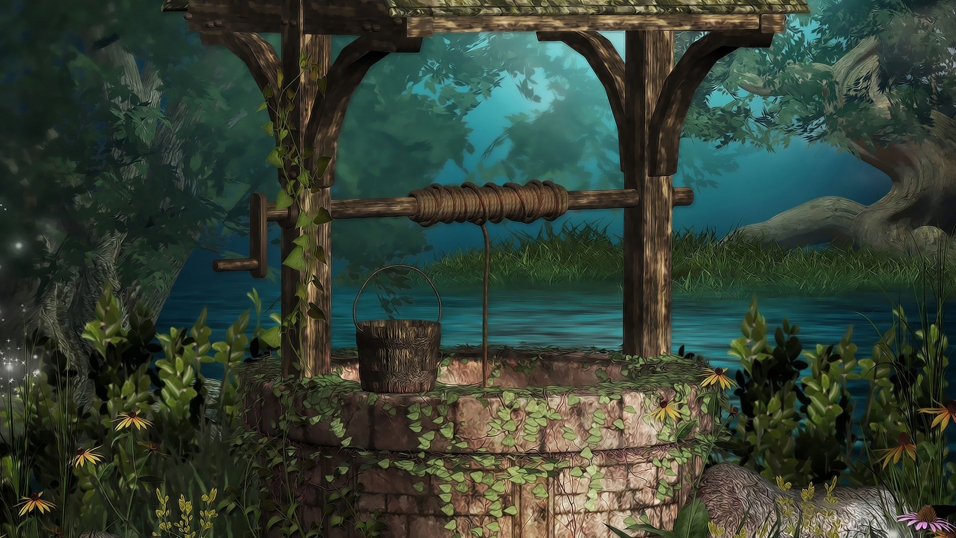 A rustic well in a mystical forest setting HD Wallpaper