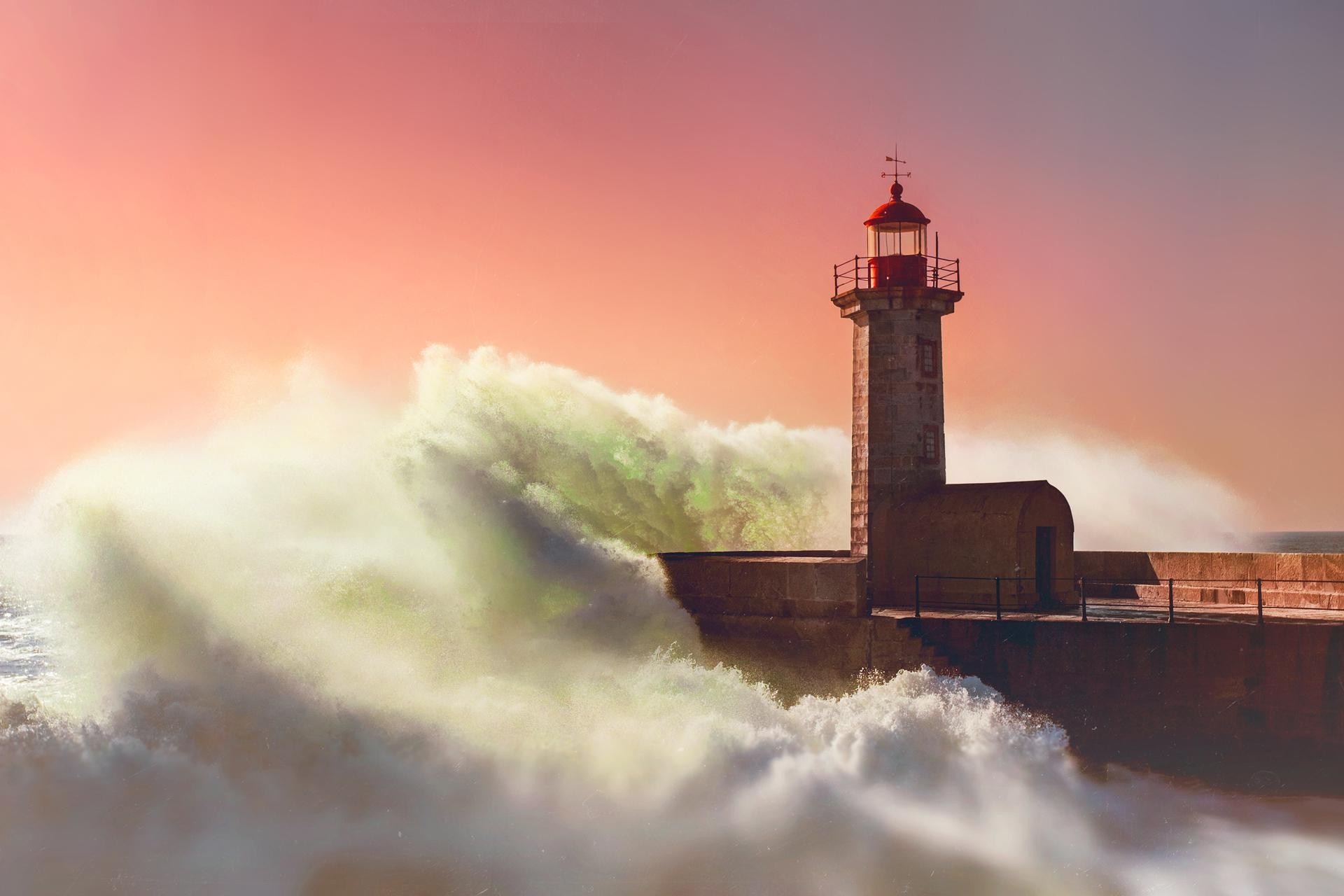 Lighthouse on a pier with large waves crashing HD Wallpaper