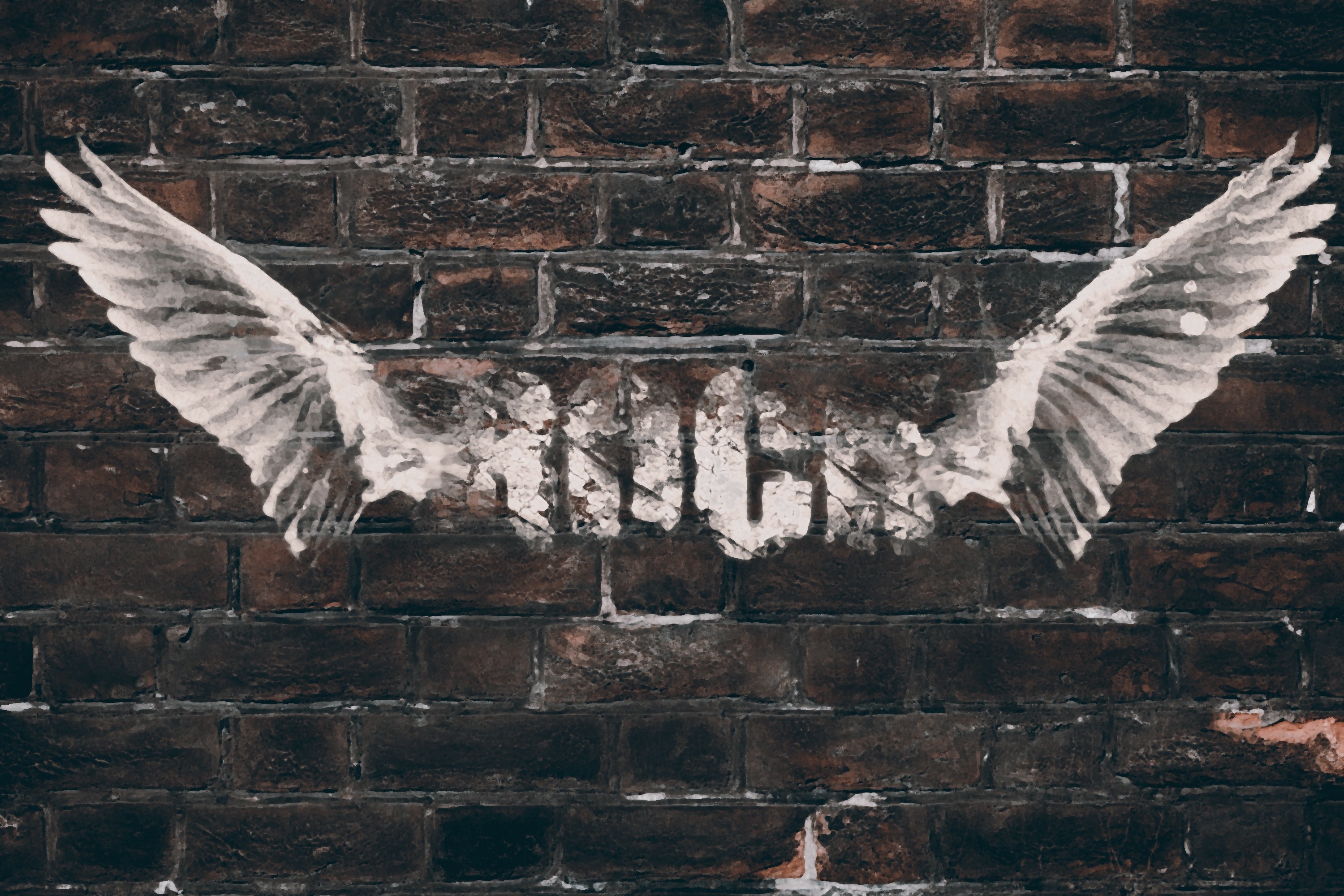 Graffiti of wings and text on a brick wall HD Wallpaper
