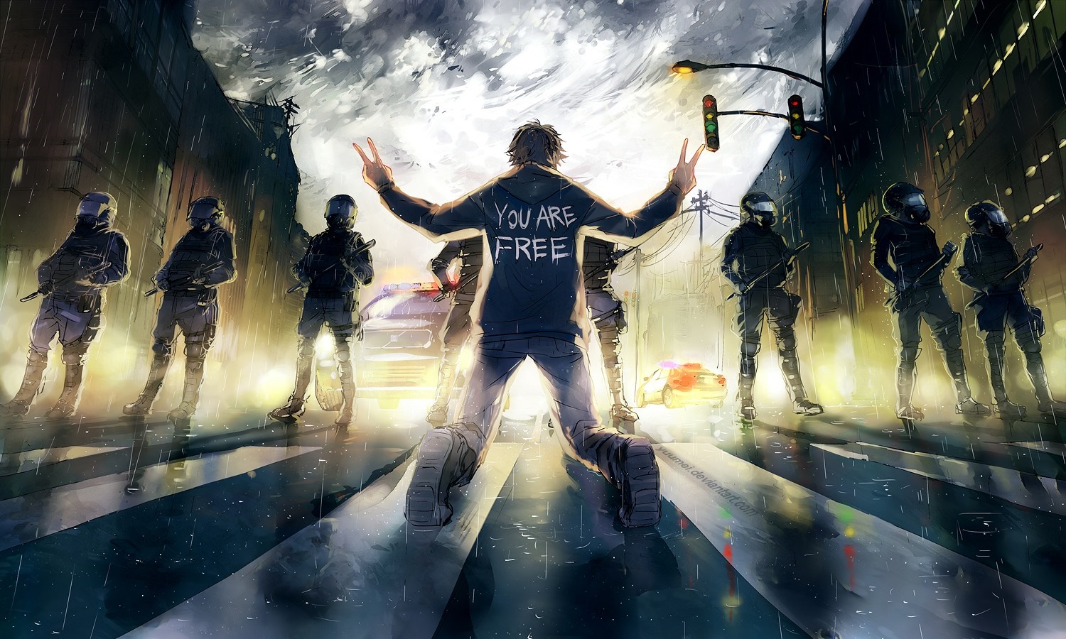 Man with 'You Are Free' on hoodie facing riot police HD Wallpaper