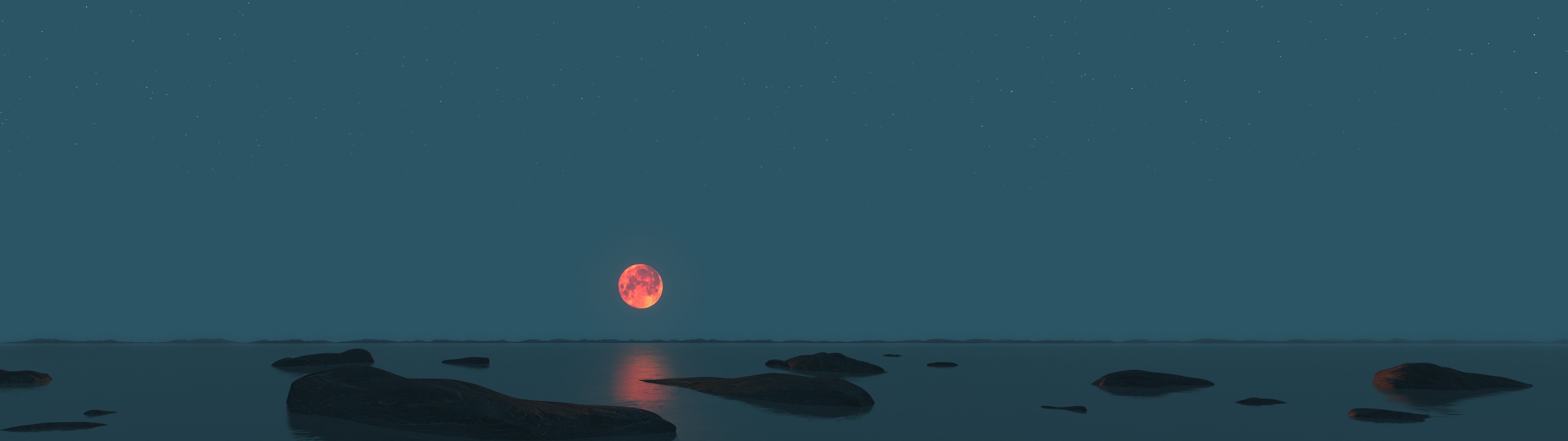 Red moon over the sea with rocks HD Wallpaper