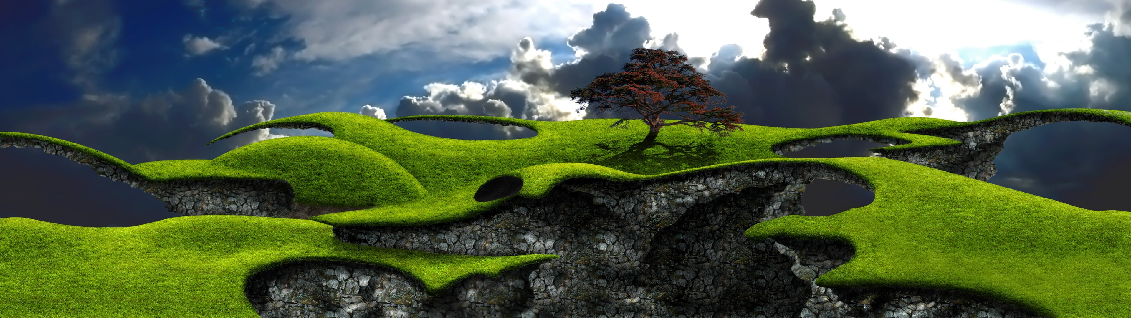 Floating islands with a tree under a cloudy sky HD Wallpaper