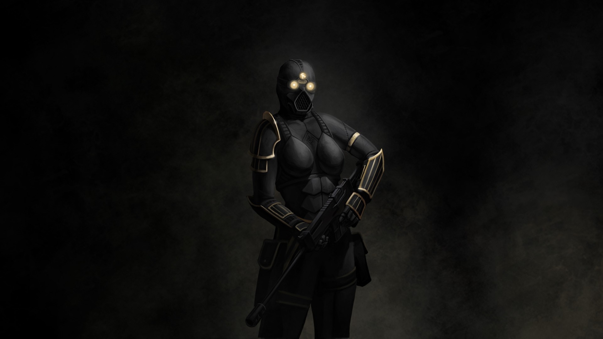 Female cyborg soldier with rifle in dark armor HD Wallpaper