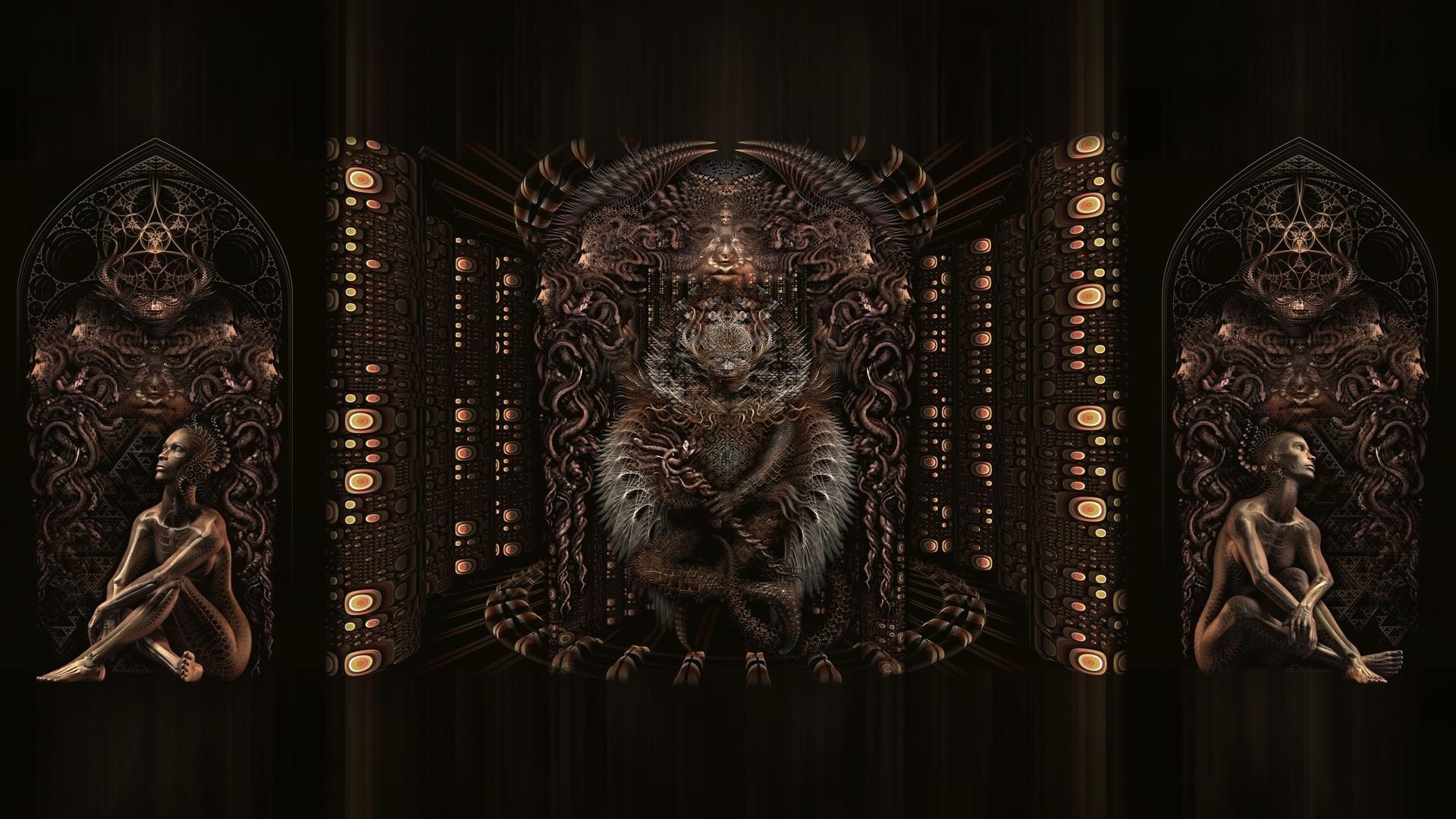 Dark Fantasy Artwork with Figures and Abstract Elements HD Wallpaper