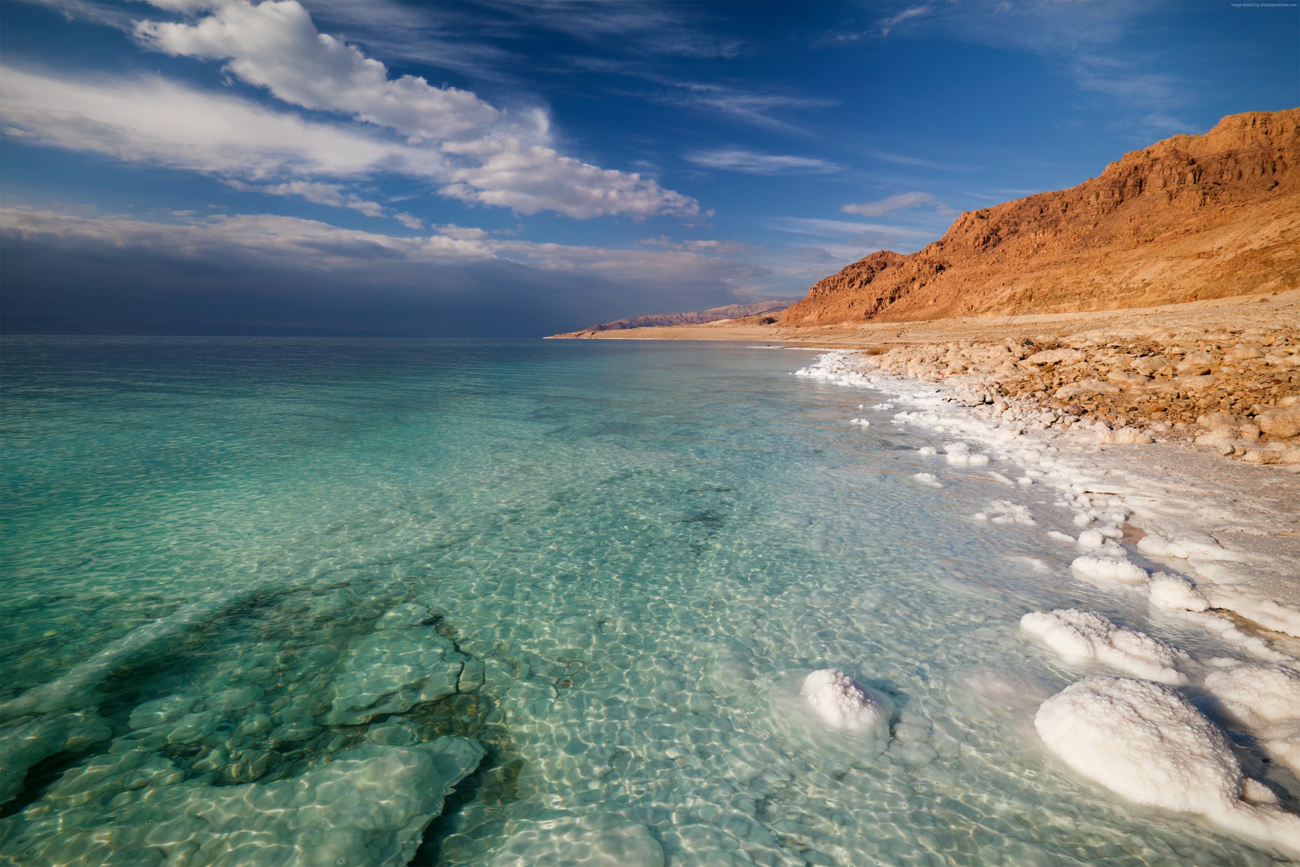 The Dead Sea with Salt Formations and Mountains HD Wallpaper