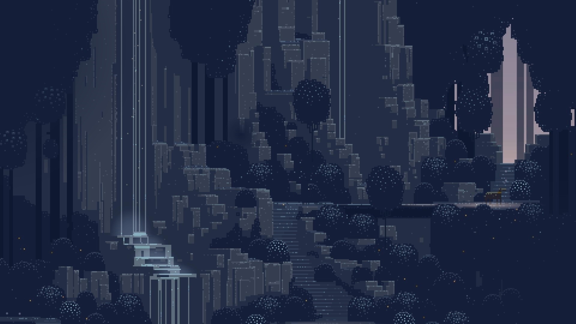 Pixel art waterfall in a dark, rocky landscape HD Wallpaper
