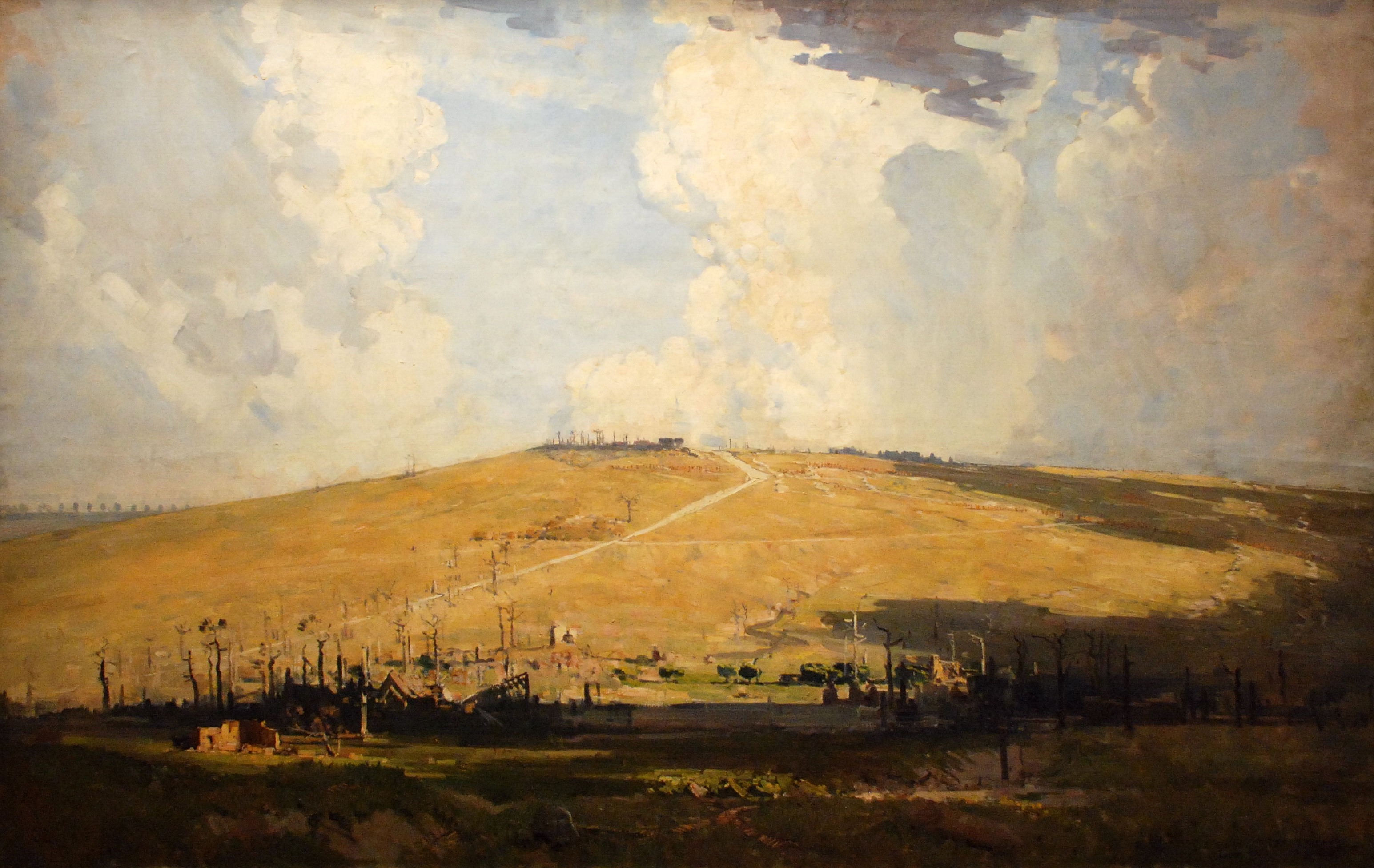 Painting of a desolate hill with destroyed buildings and trees under a cloudy sky HD Wallpaper
