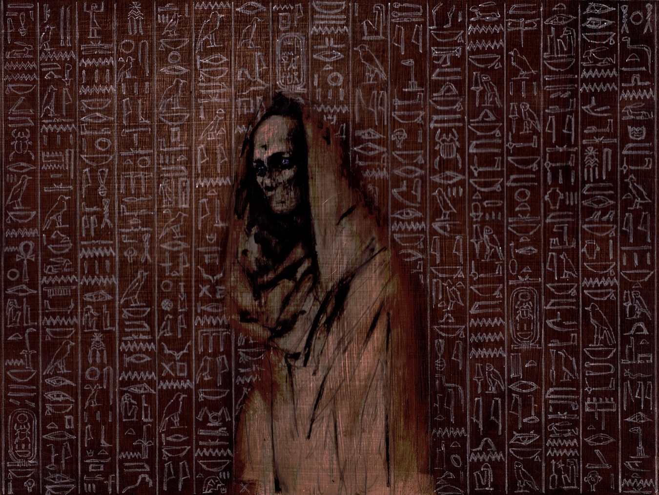 Mummy figure in front of Egyptian hieroglyphs HD Wallpaper