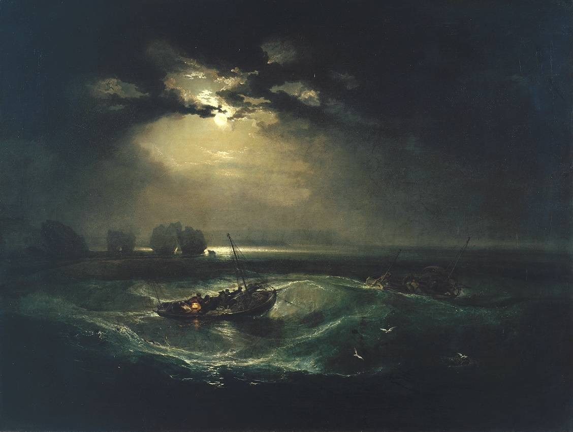Moonlit storm at sea with ships HD Wallpaper