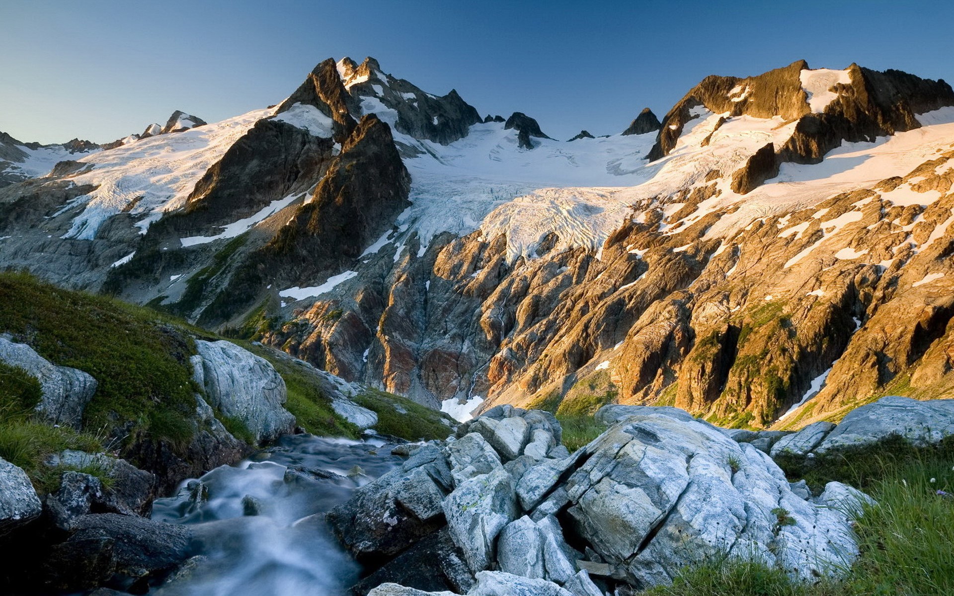 Mountain range with glacier and stream HD Wallpaper