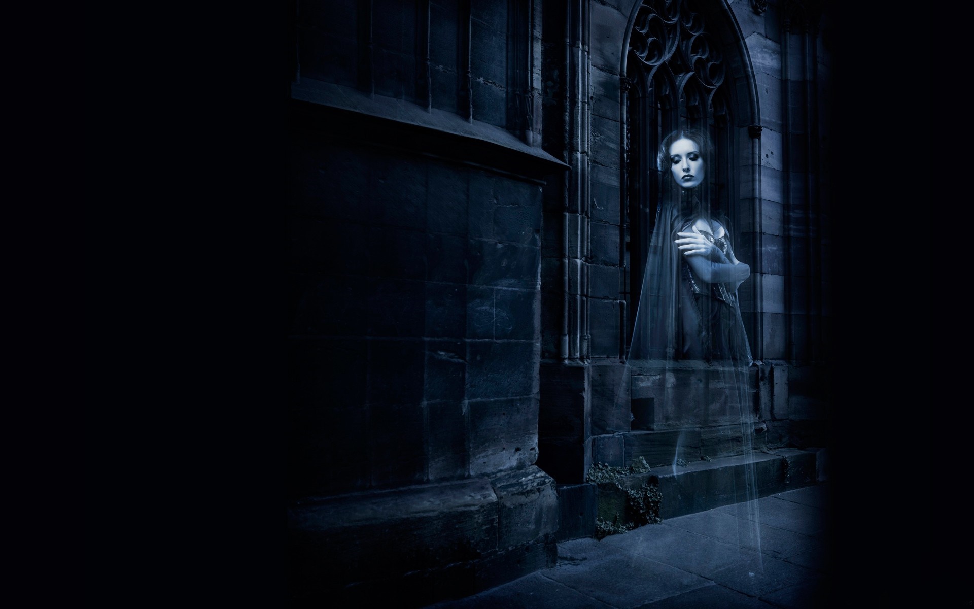 Ghostly woman in gothic architecture at night HD Wallpaper