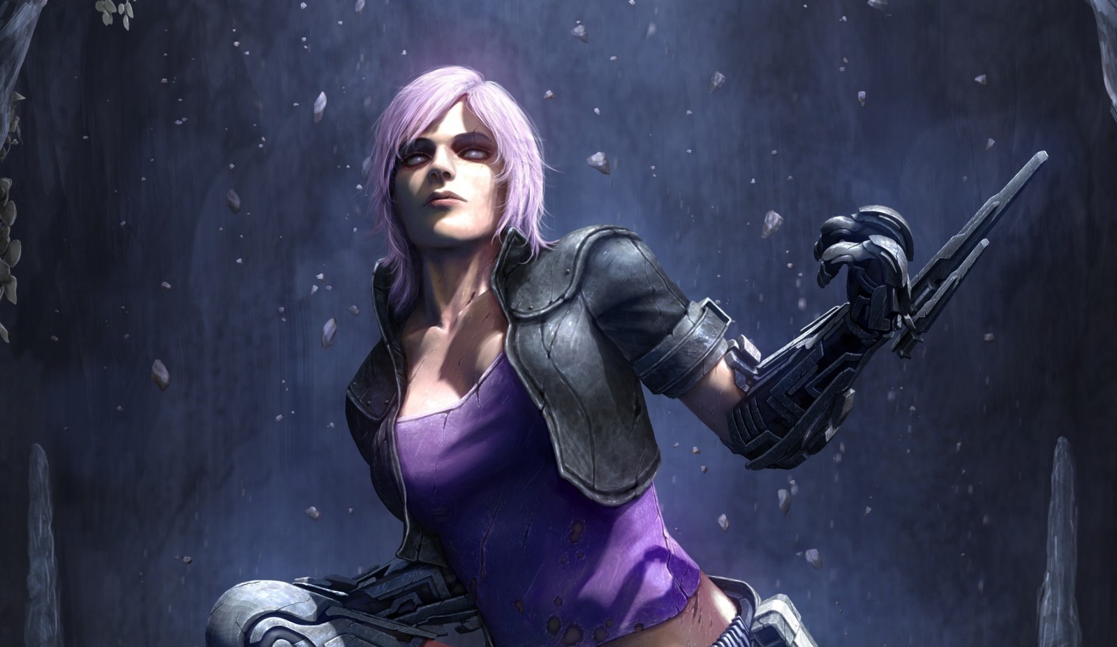 Anime character with purple hair and cybernetic arm HD Wallpaper