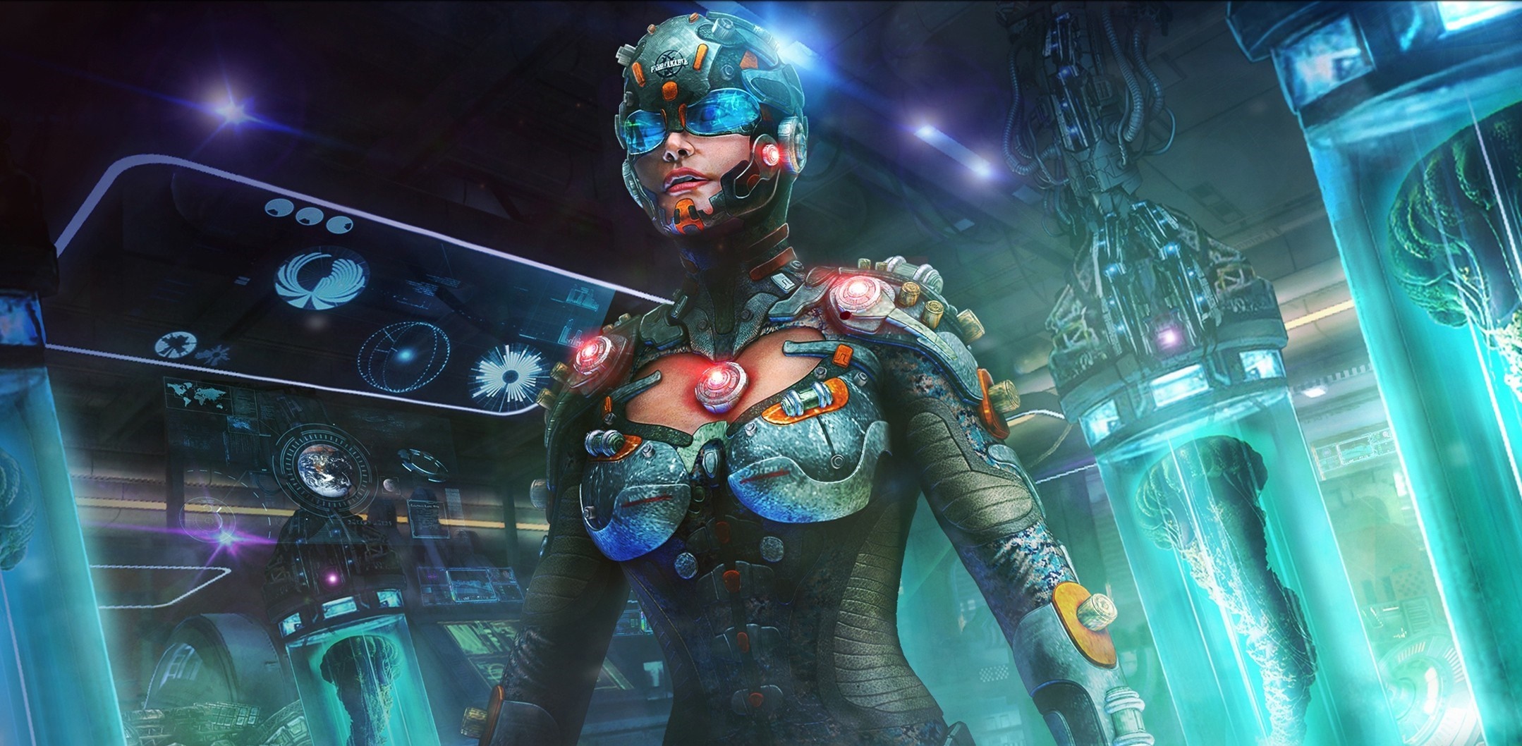 Futuristic cyborg woman in a laboratory HD Wallpaper