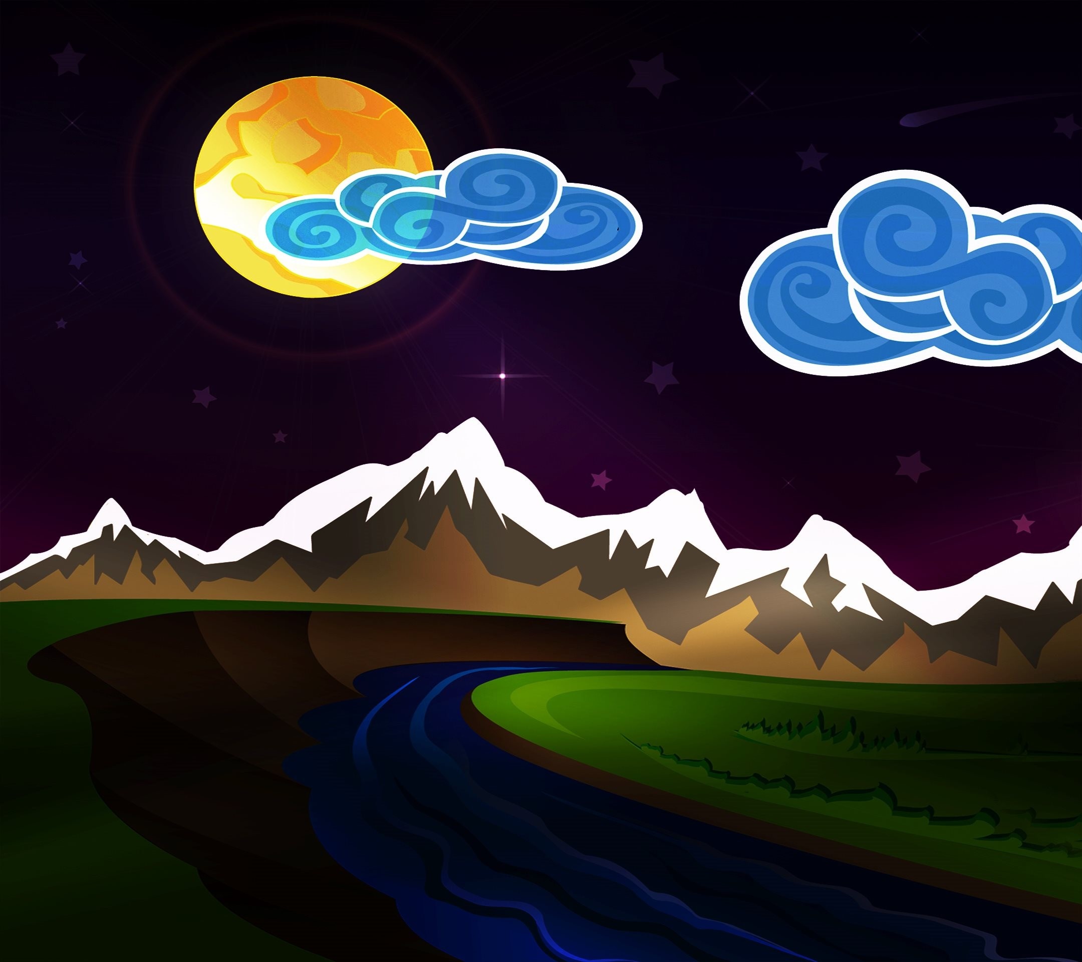 Night landscape with moon, mountains, and river HD Wallpaper
