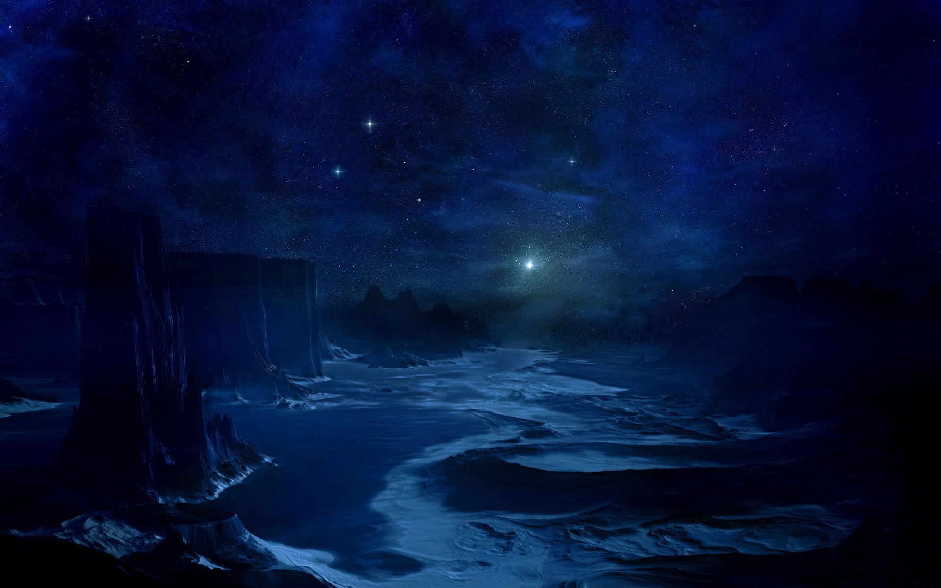 Alien landscape under a starry night sky HD Wallpaper