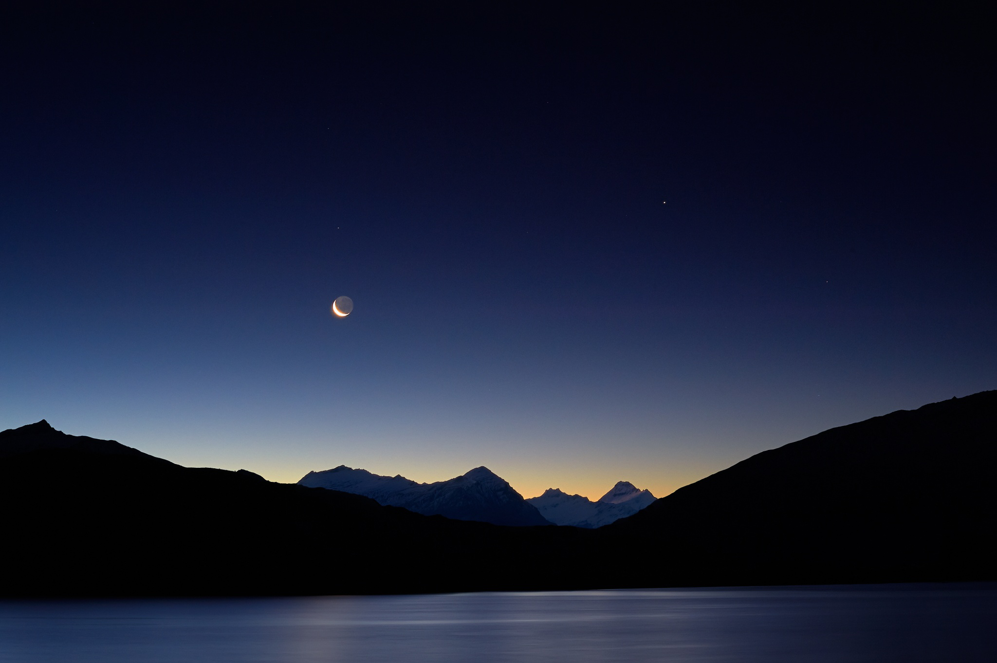 Crescent Moon over Mountains and Lake at Dusk HD Wallpaper