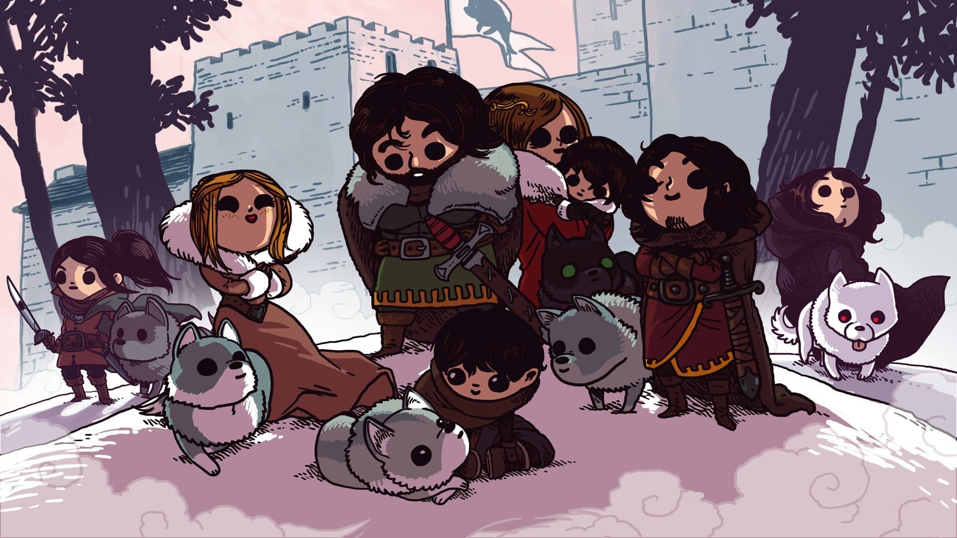 Game of Thrones characters and direwolves in snow HD Wallpaper