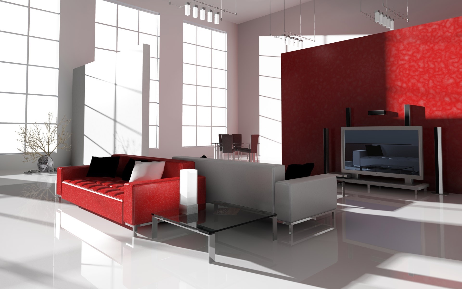 Modern living room with red and gray sofas and large windows HD Wallpaper