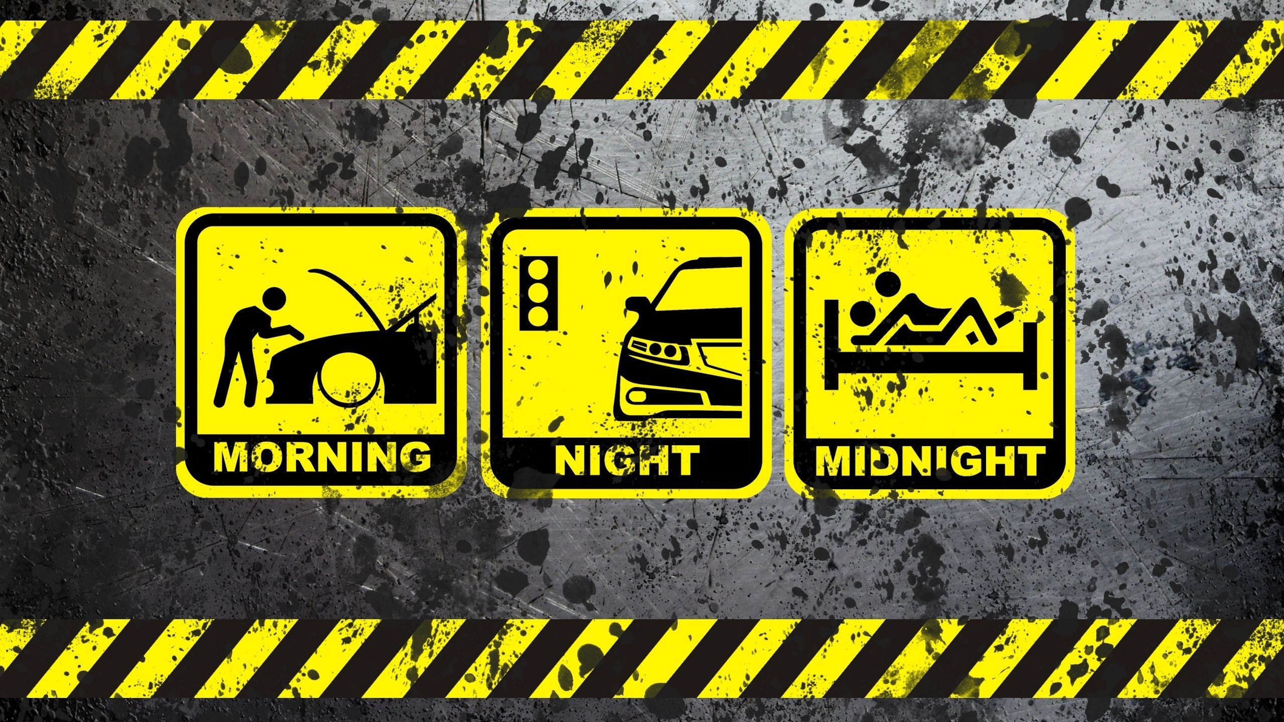 Three warning signs with text: Morning, Night, Midnight HD Wallpaper