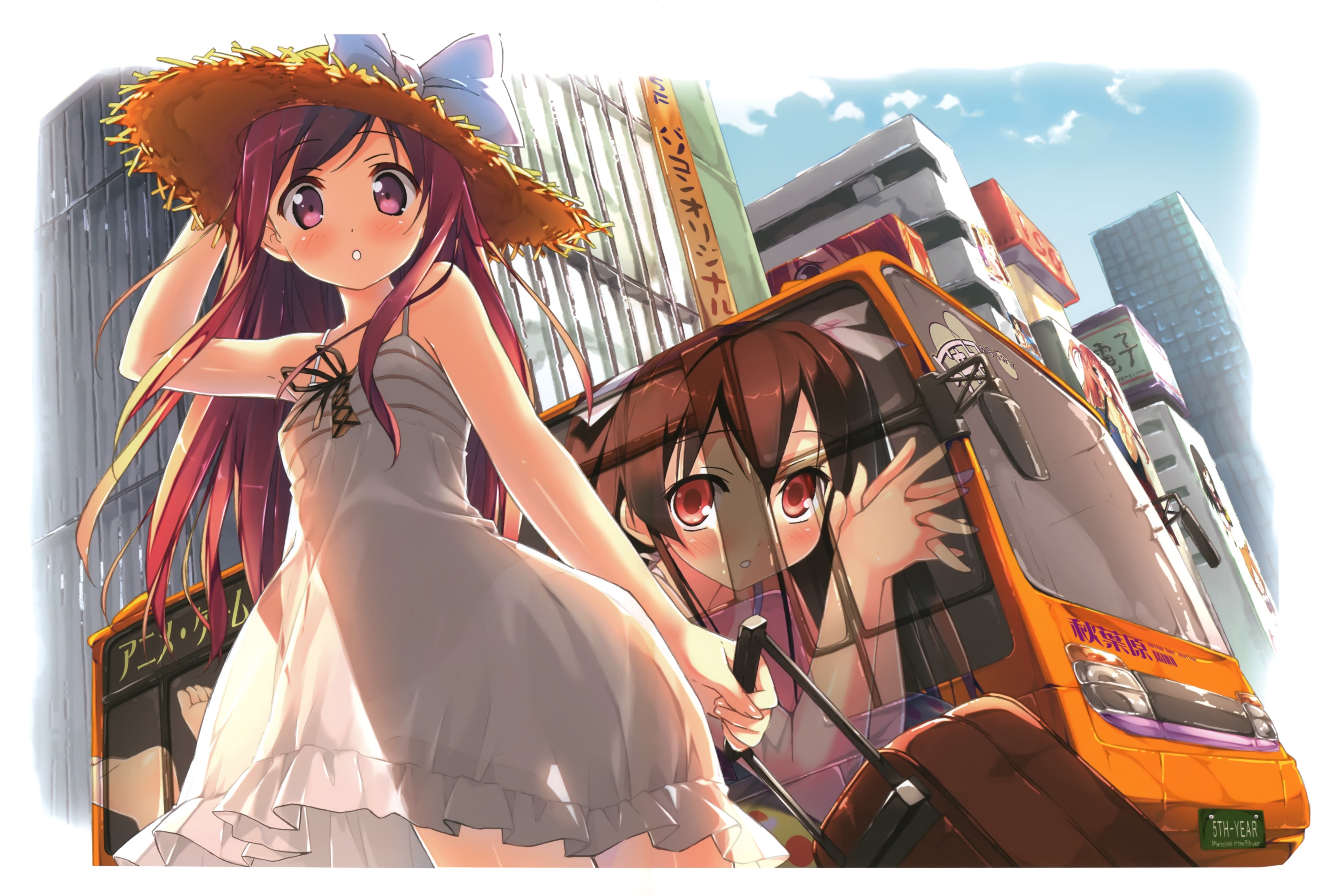 Anime girls with luggage in a city HD Wallpaper