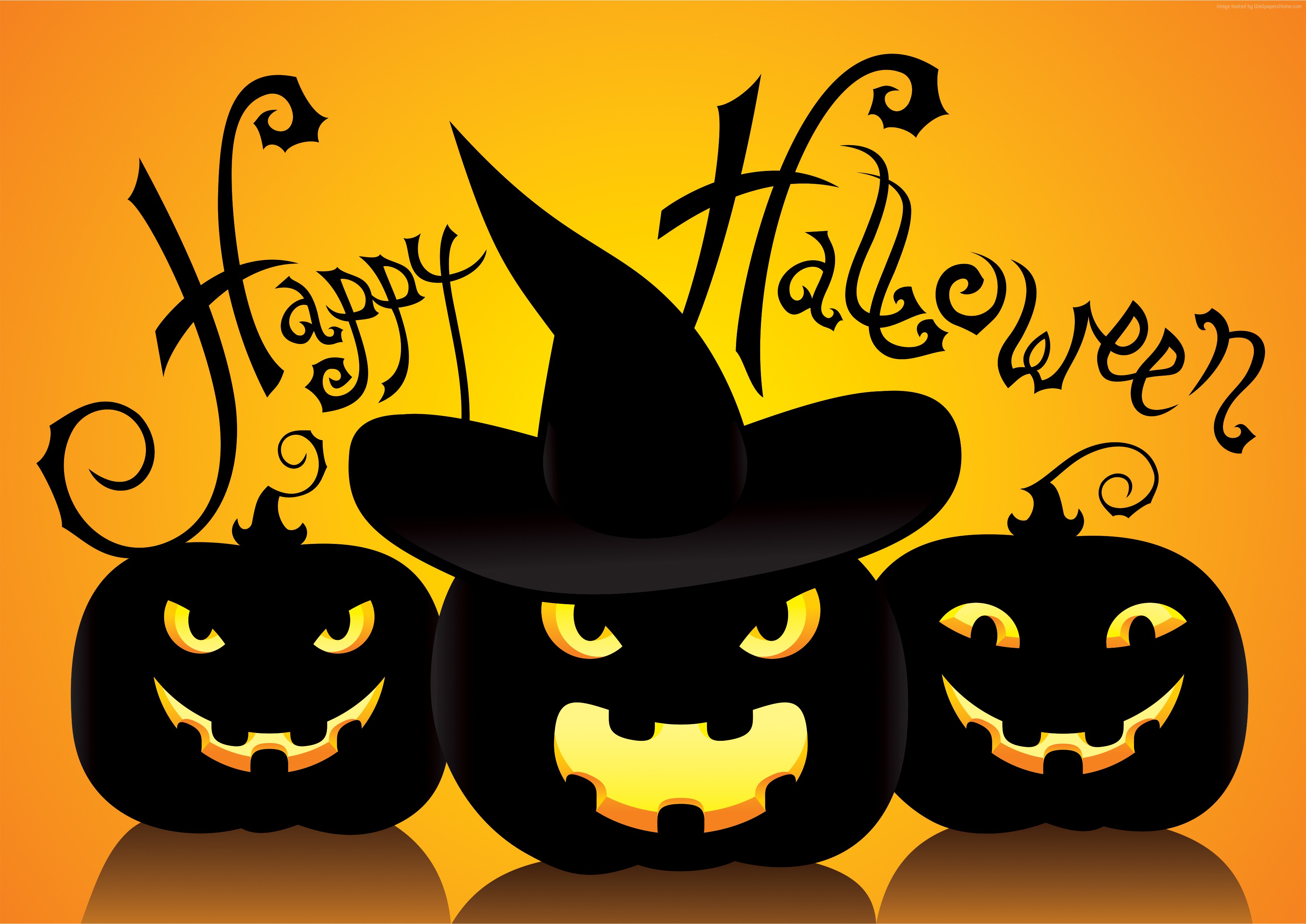 Happy Halloween pumpkins with witch hat HD Wallpaper