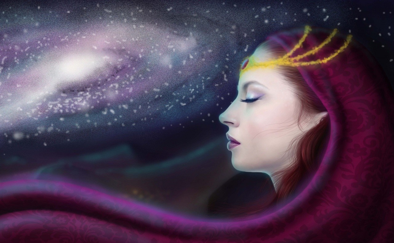 Fantasy woman in space with purple fabric HD Wallpaper