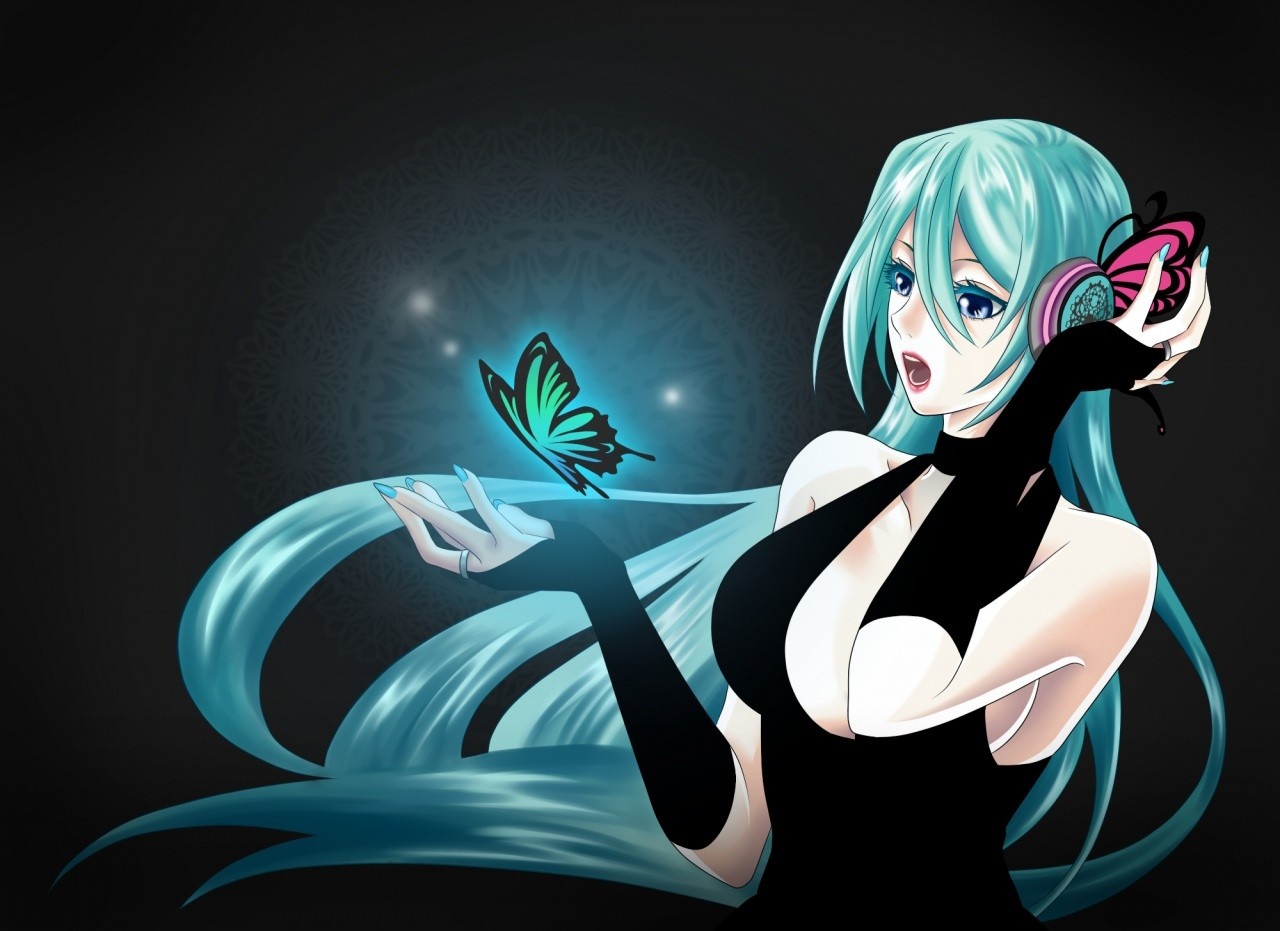 Hatsune Miku with a glowing butterfly HD Wallpaper