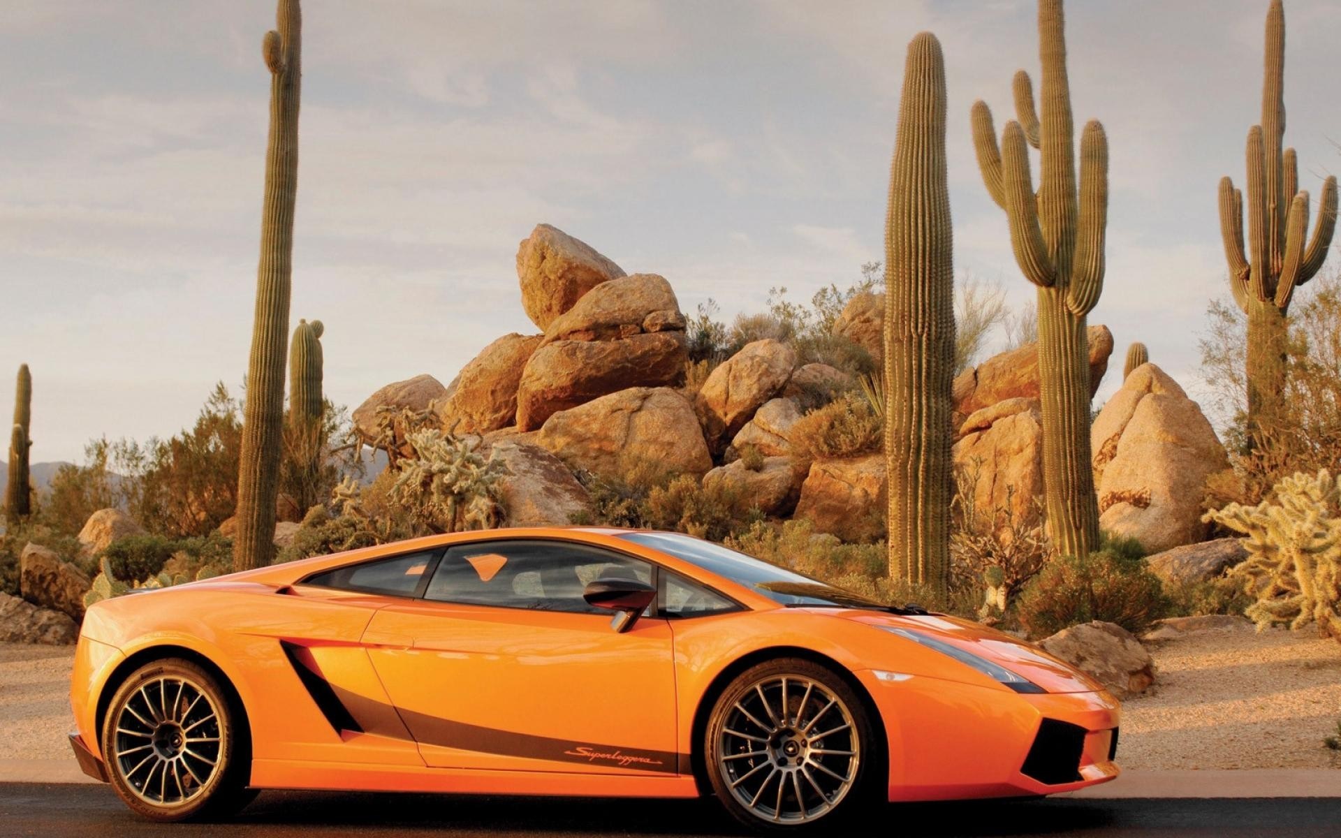Orange Lamborghini Gallardo in a desert landscape HD Wallpaper