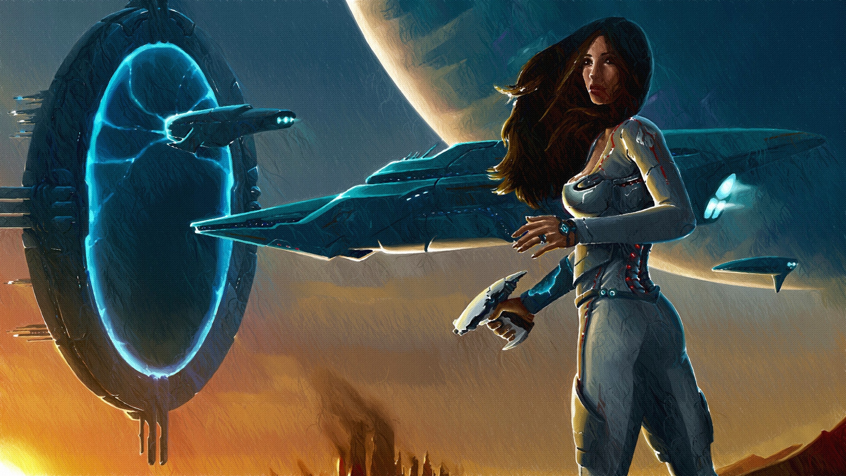 Woman with gun near portal and spaceship HD Wallpaper