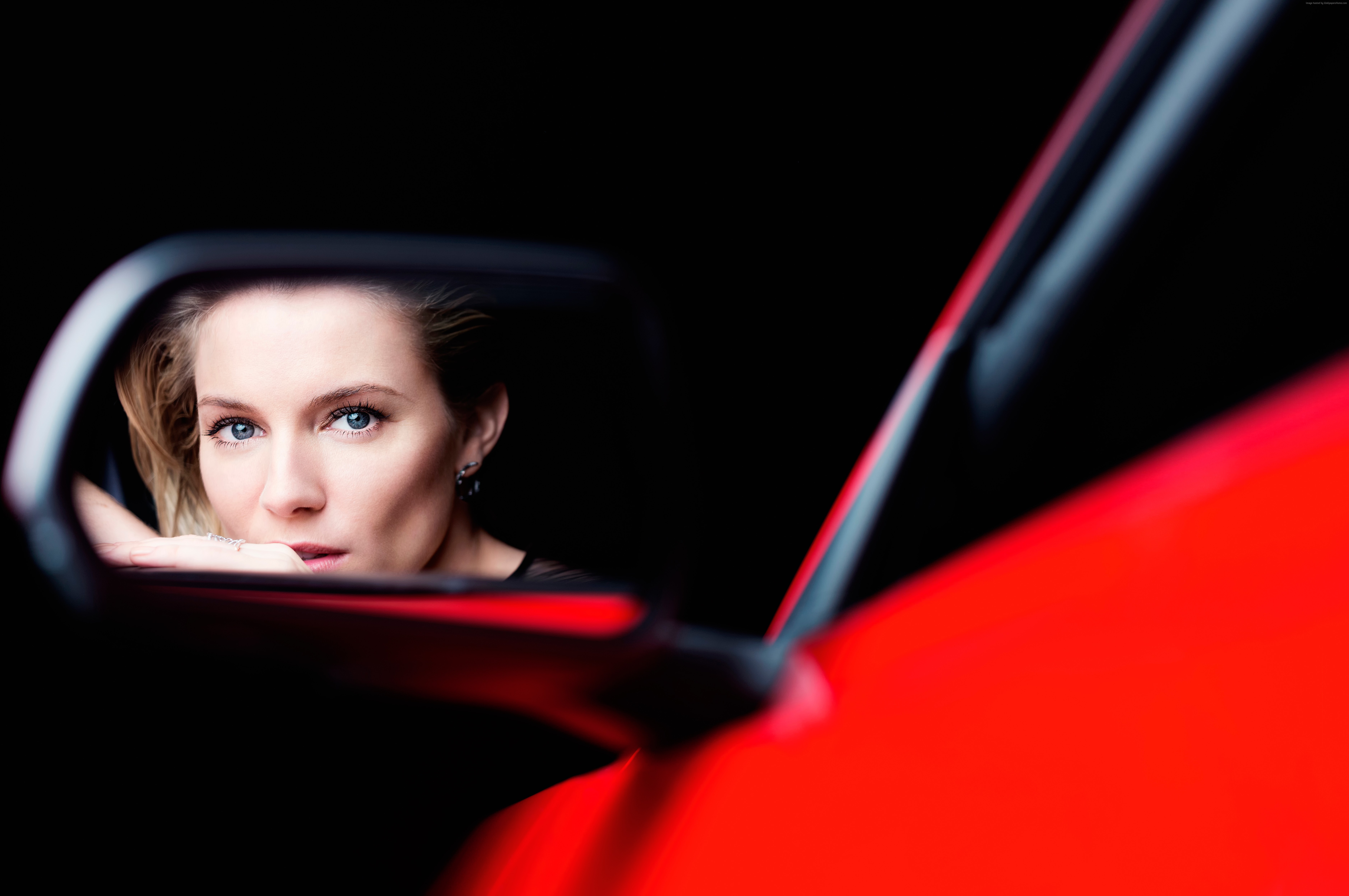 Sienna Miller reflected in a red car's side mirror HD Wallpaper
