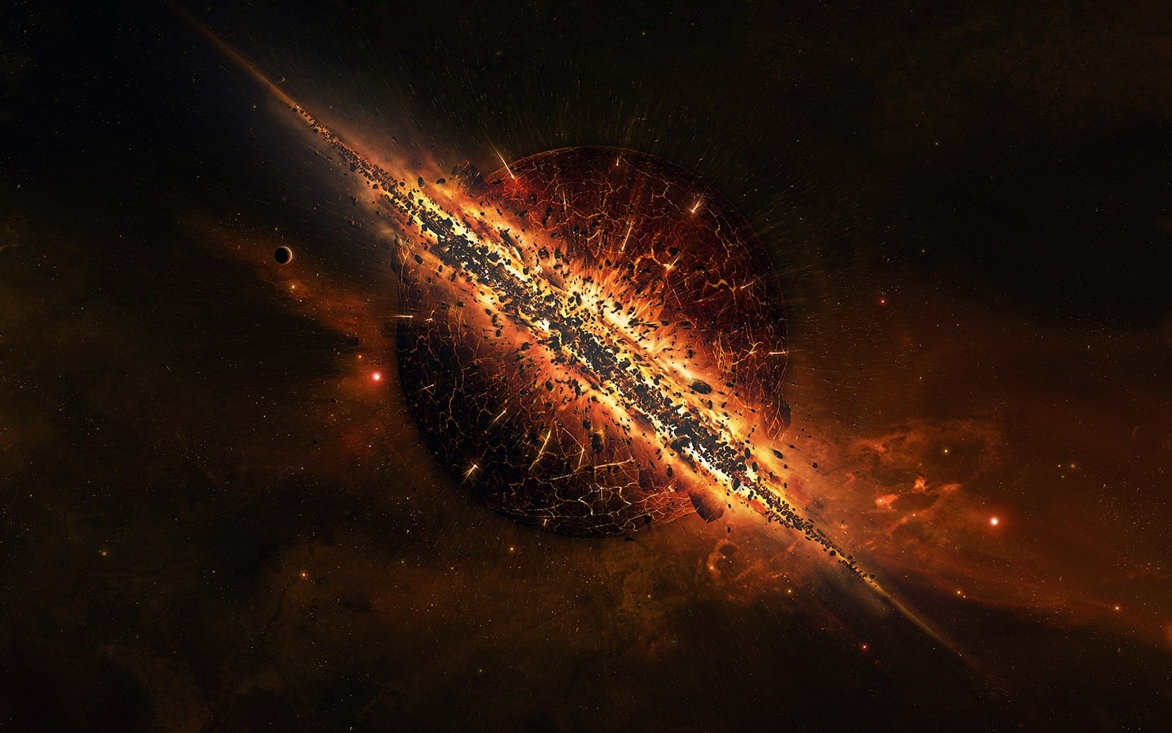 Exploding planet with asteroid belt in space HD Wallpaper