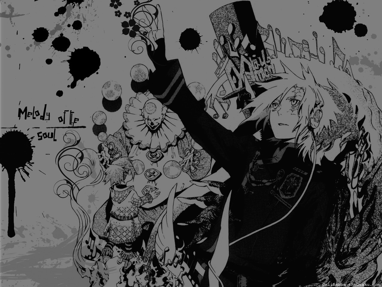 Allen Walker from D.Gray-man with clowns and musical notes HD Wallpaper
