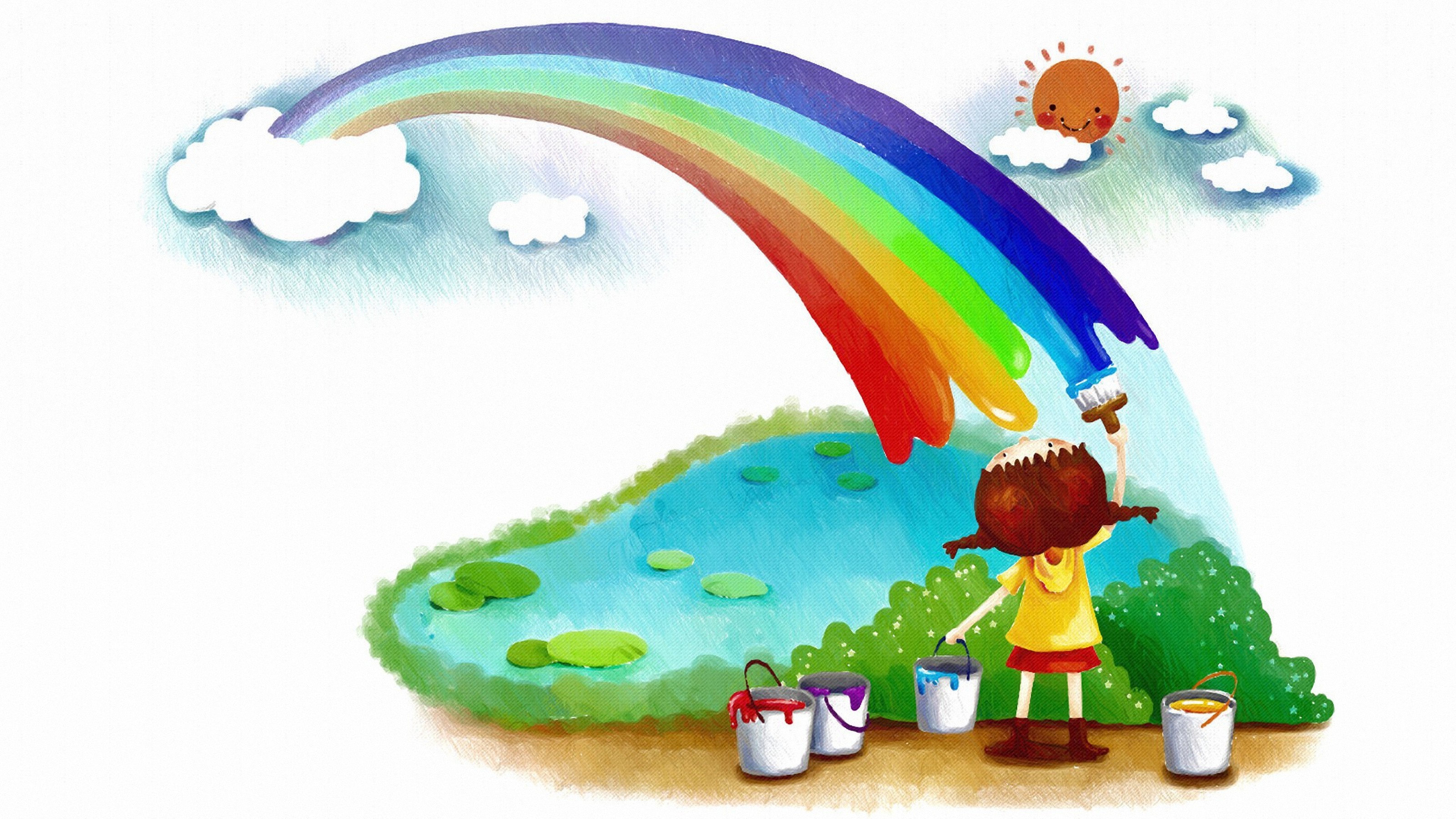 Child painting a rainbow over a pond HD Wallpaper