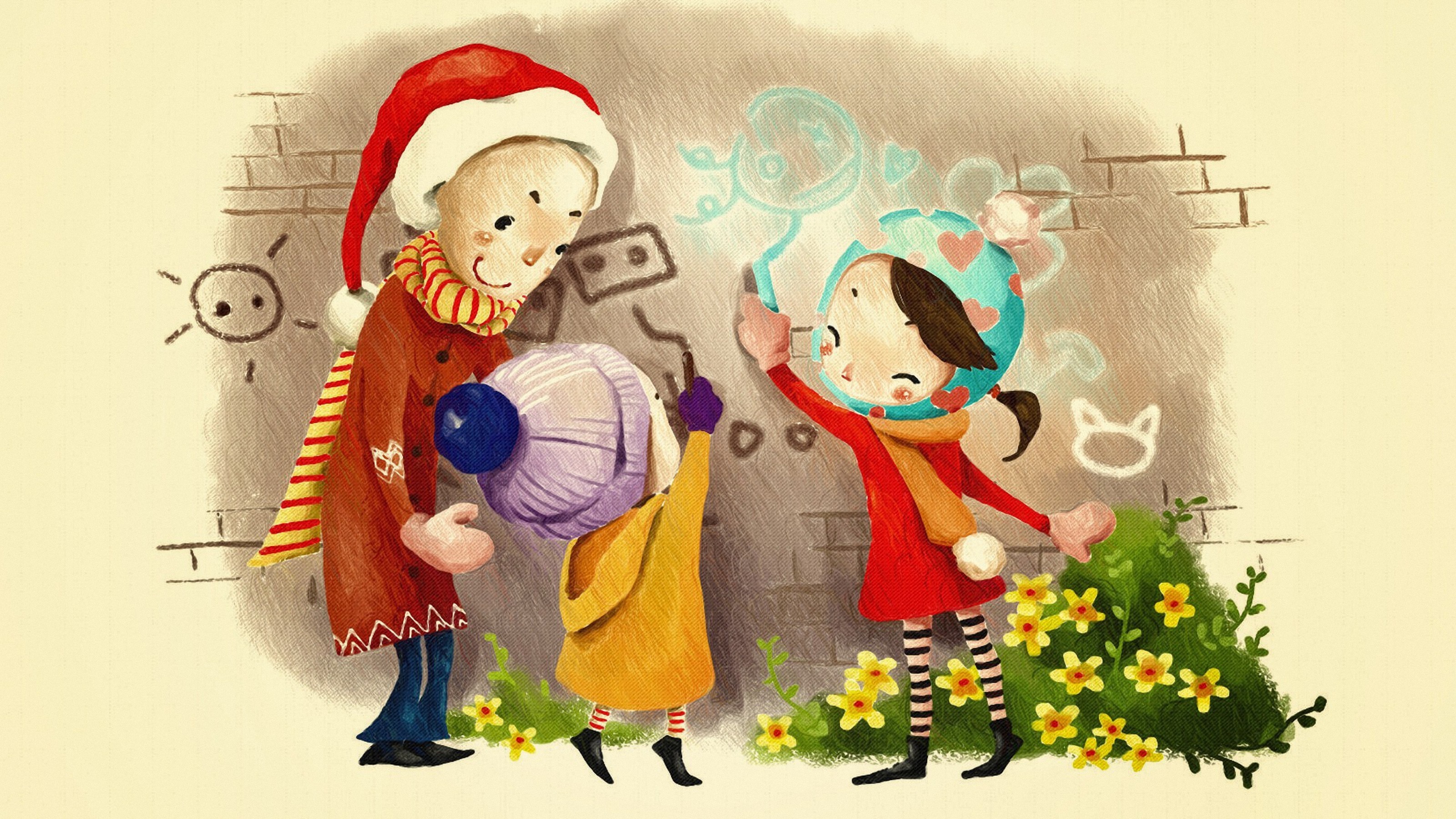 Children drawing on a brick wall with Christmas theme HD Wallpaper