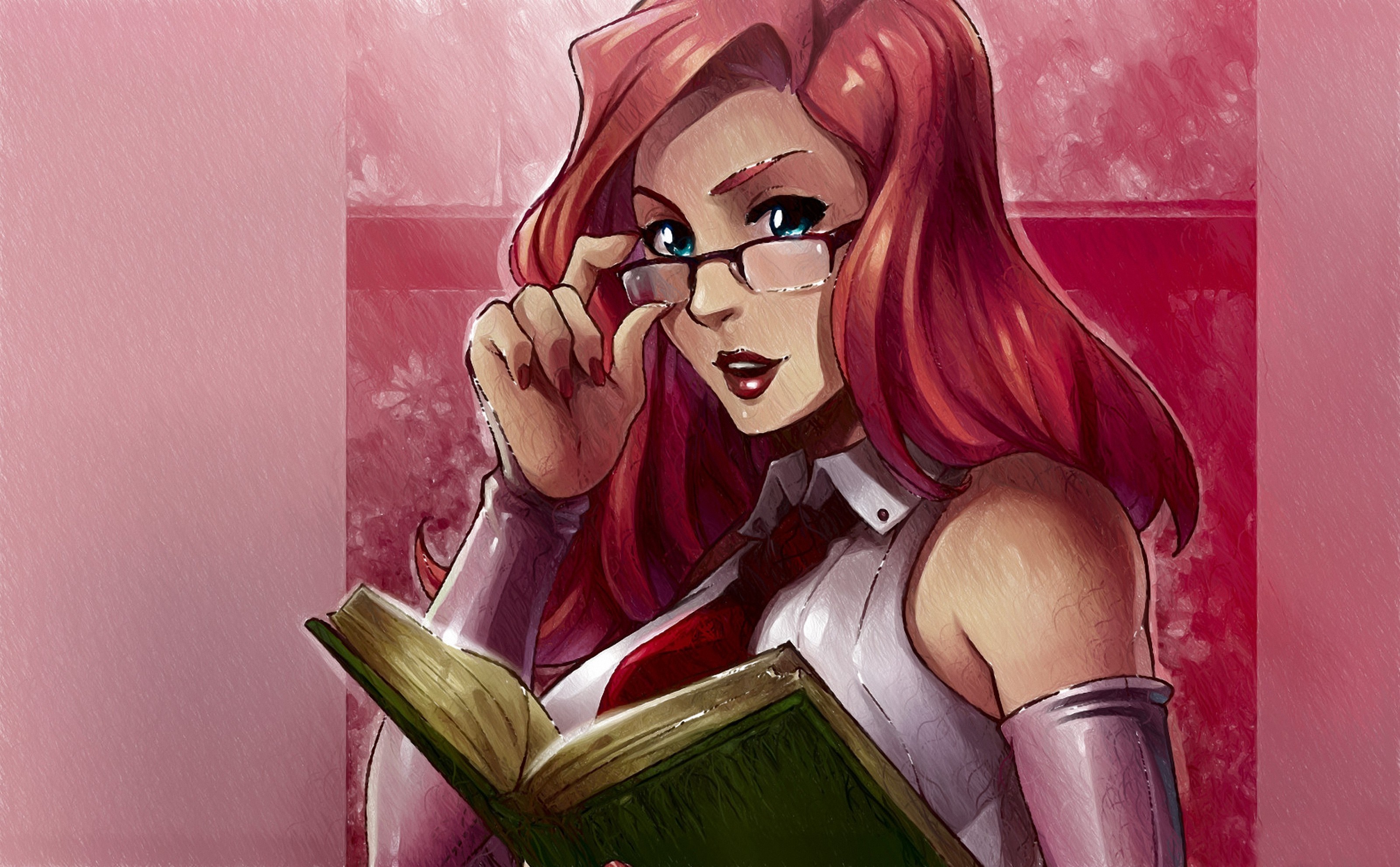Anime girl with red hair and glasses reading a book HD Wallpaper