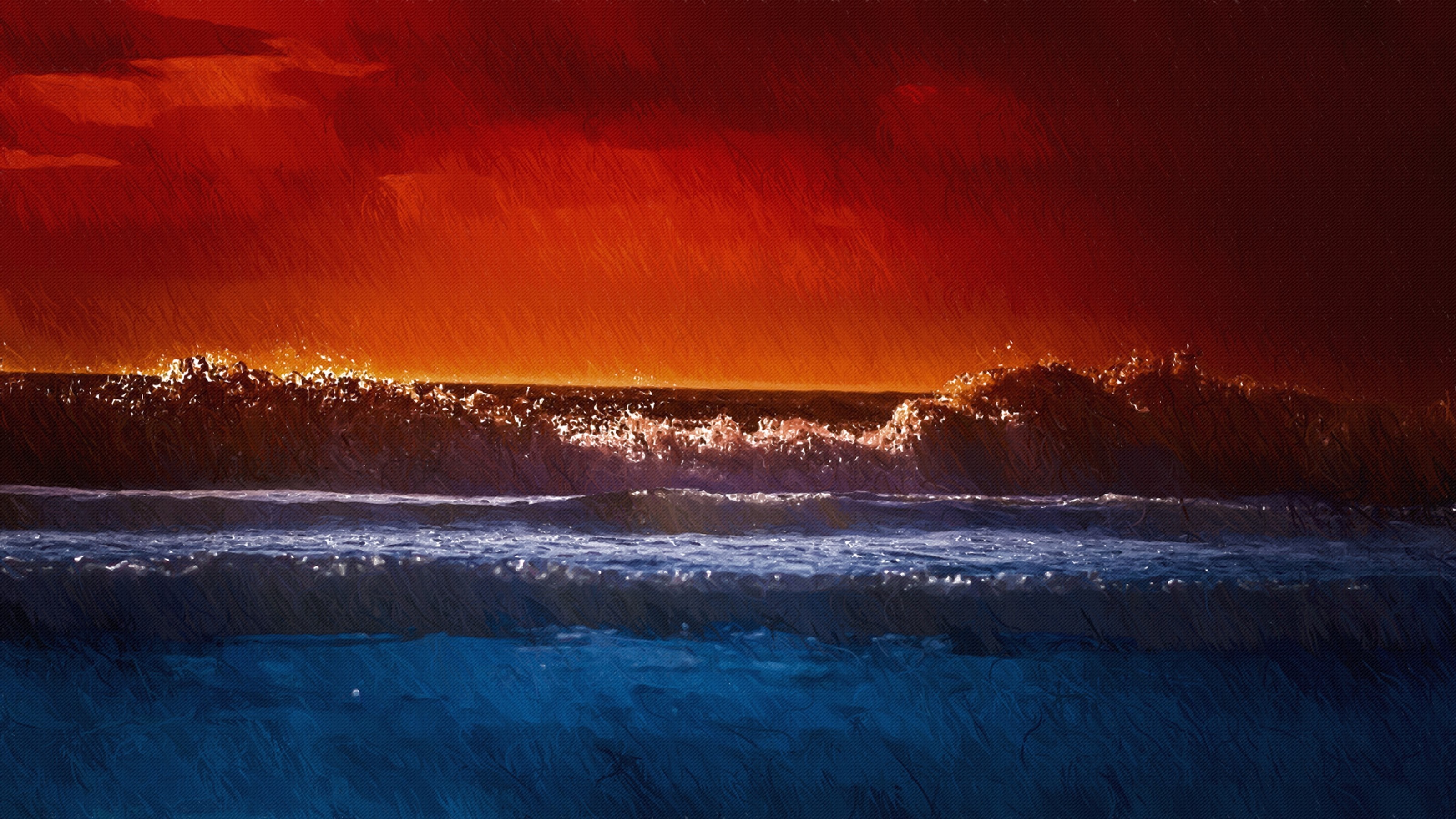Waves crashing at sunset with red sky HD Wallpaper