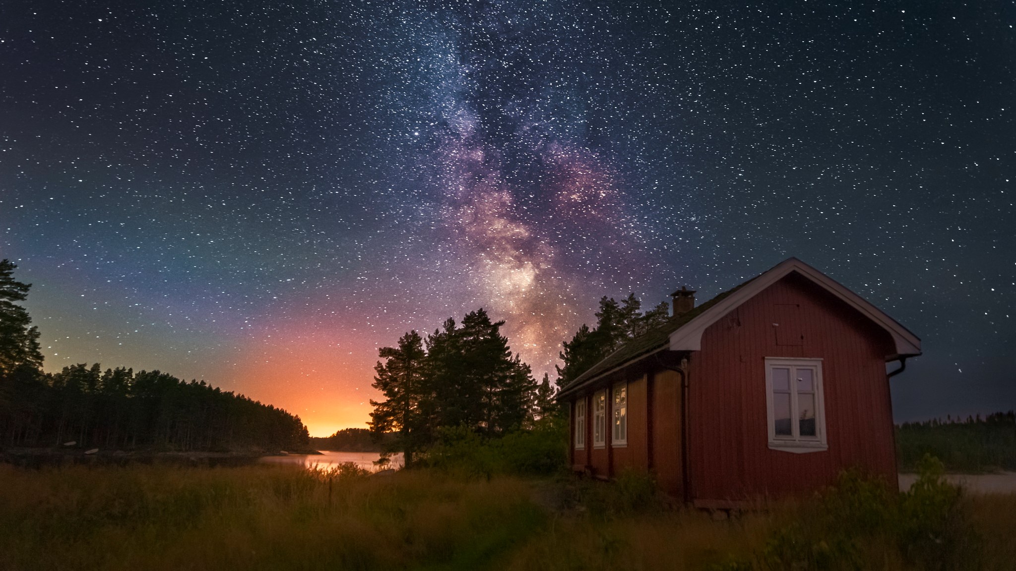 Red cabin under the Milky Way galaxy HD Wallpaper