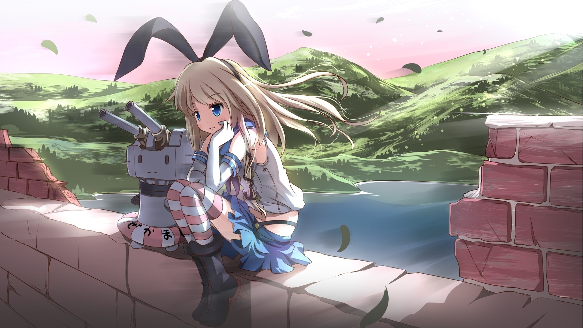 Shimakaze from Kantai Collection sitting on a wall HD Wallpaper