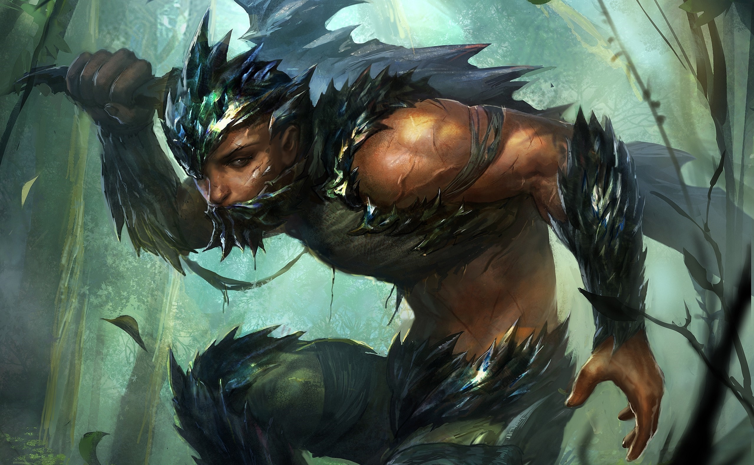 Fantasy warrior with spiky armor in a forest HD Wallpaper