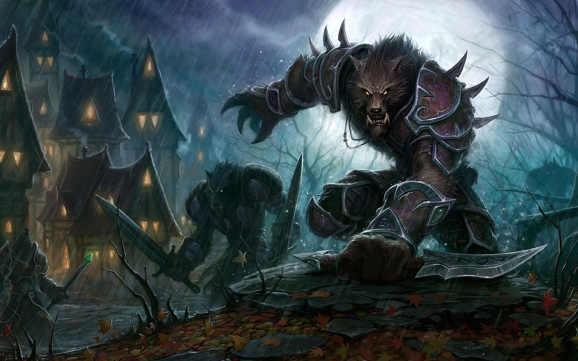 Werewolves in armor in a village at night HD Wallpaper