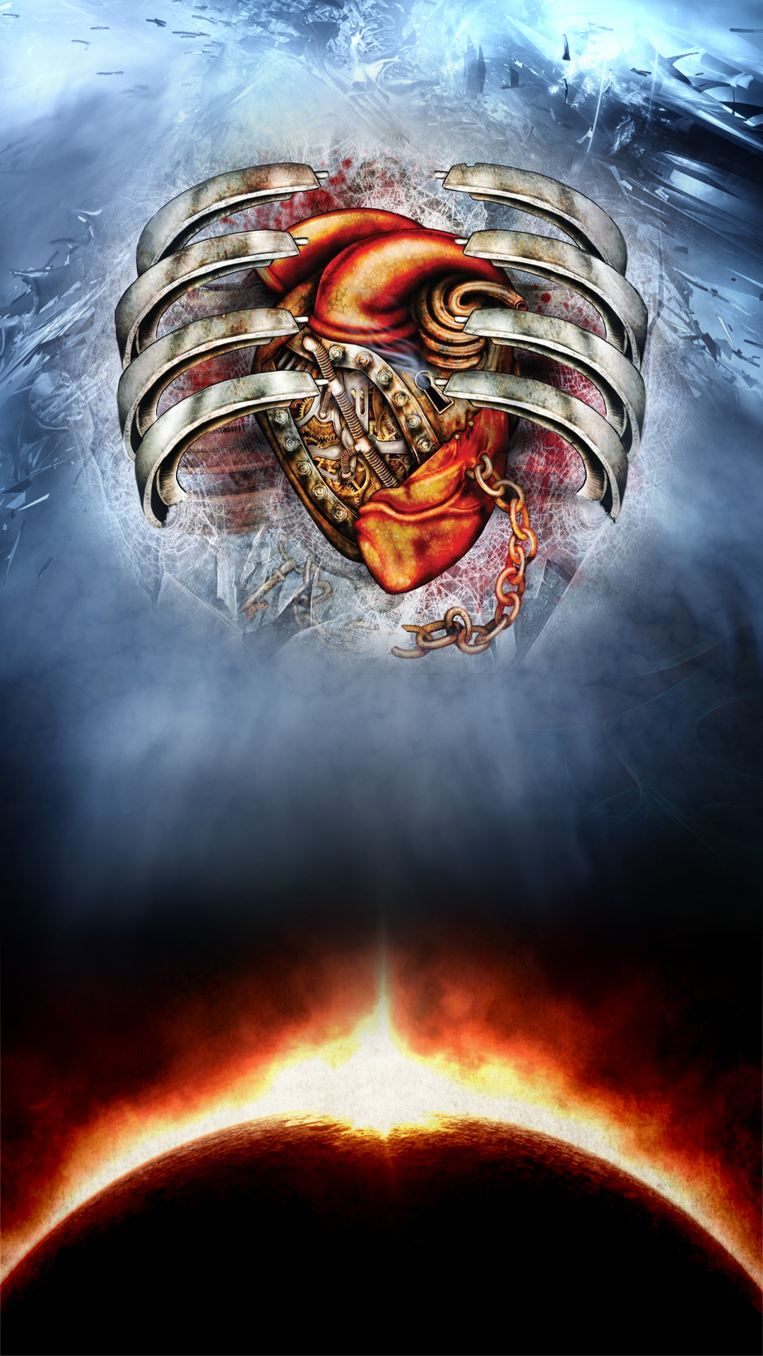 Sevendust album art with mechanical heart and eclipse HD Wallpaper